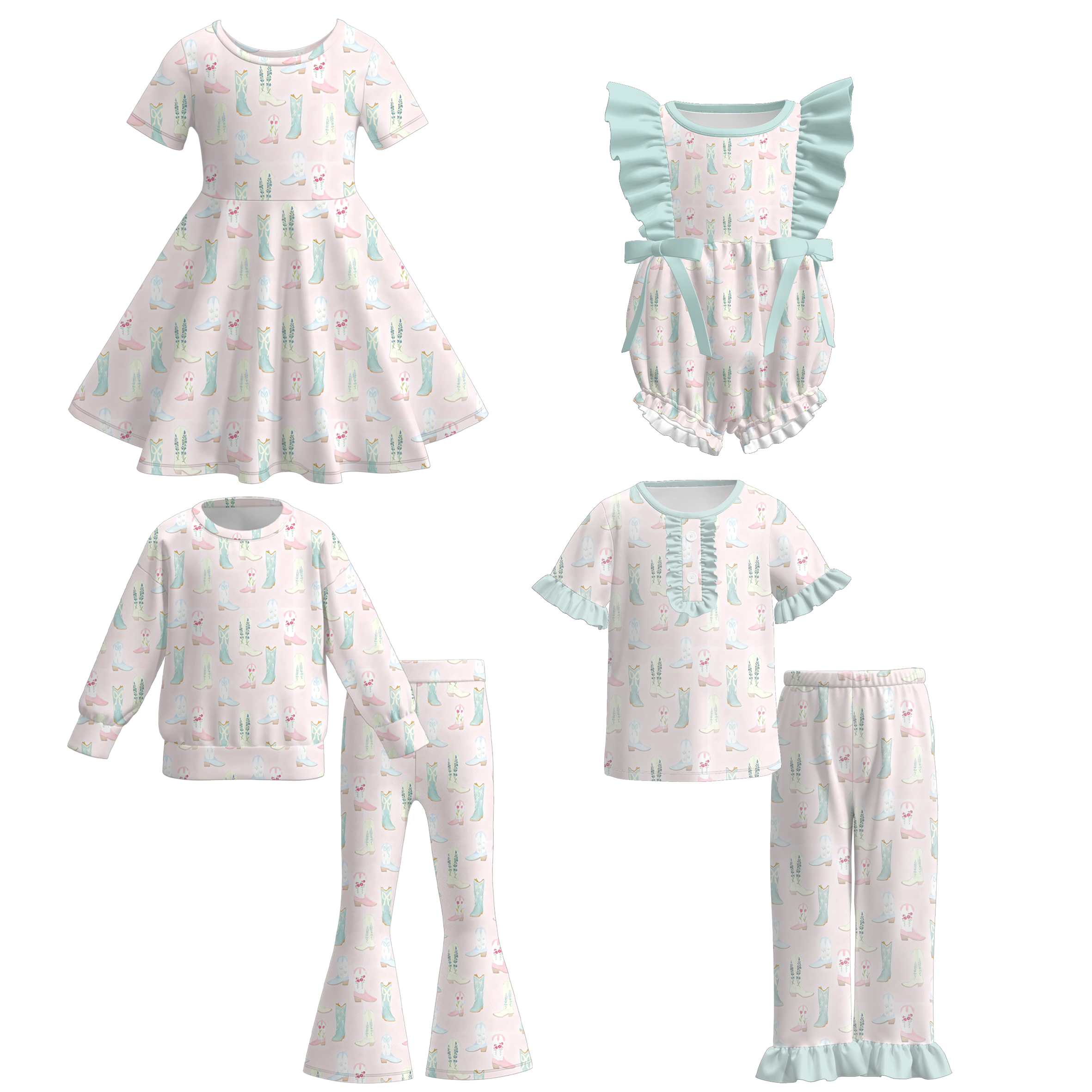 (Pre Order)Sisters Spring Boots Print Dress,Set&Romper