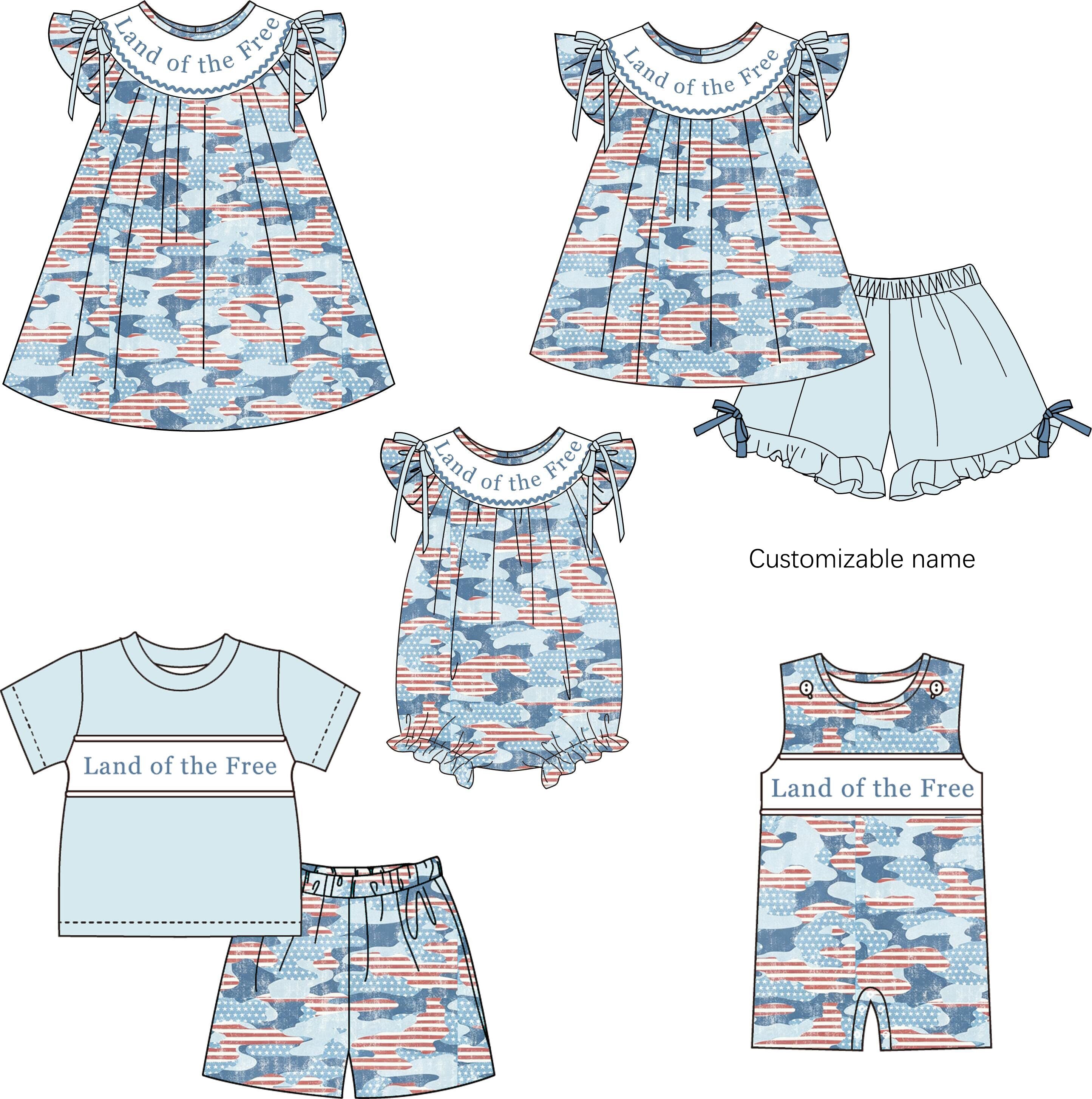 (Pre Order)Siblings Patriotic Land of the Free Embroidery Smocked Dress,Set&Romper-Customized name