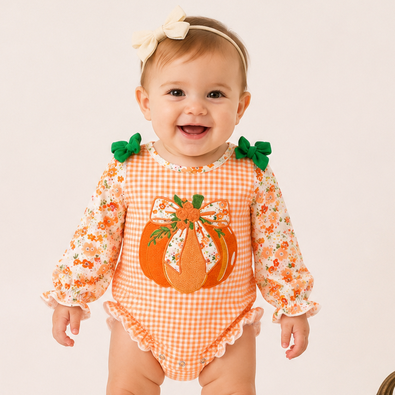 (In Stock)Toddler Girls Fall Pumpkin Applique Romper