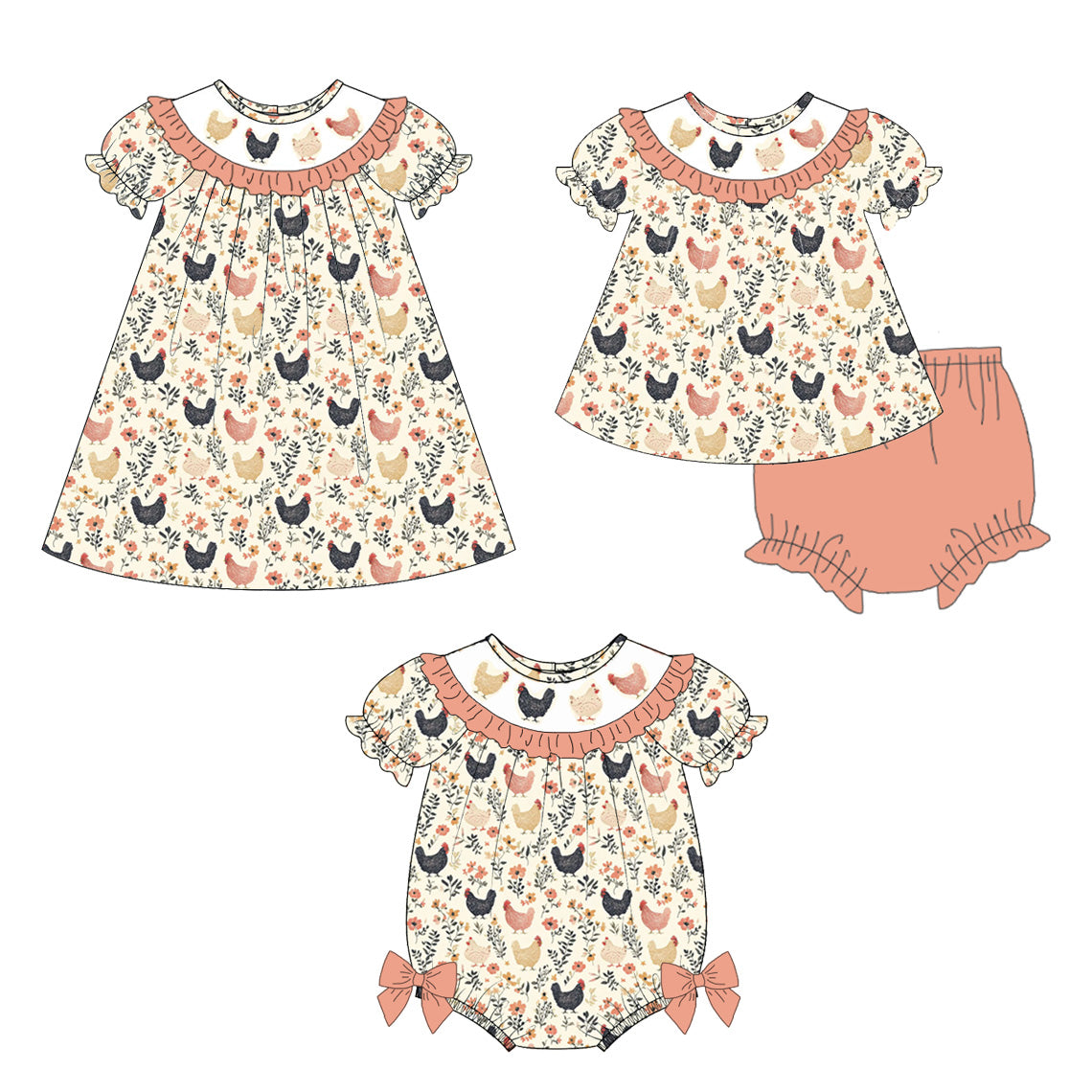 (Pre Order)Family Fall&Winter Chick Embroidery Smocked Dress,Set&Romper