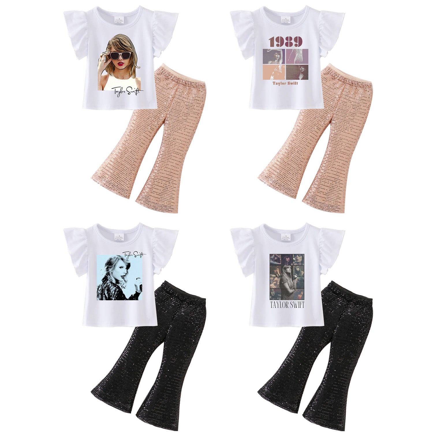 (Pre Order)Girls Cotton TS Print Top Sequins Flare Pant Set