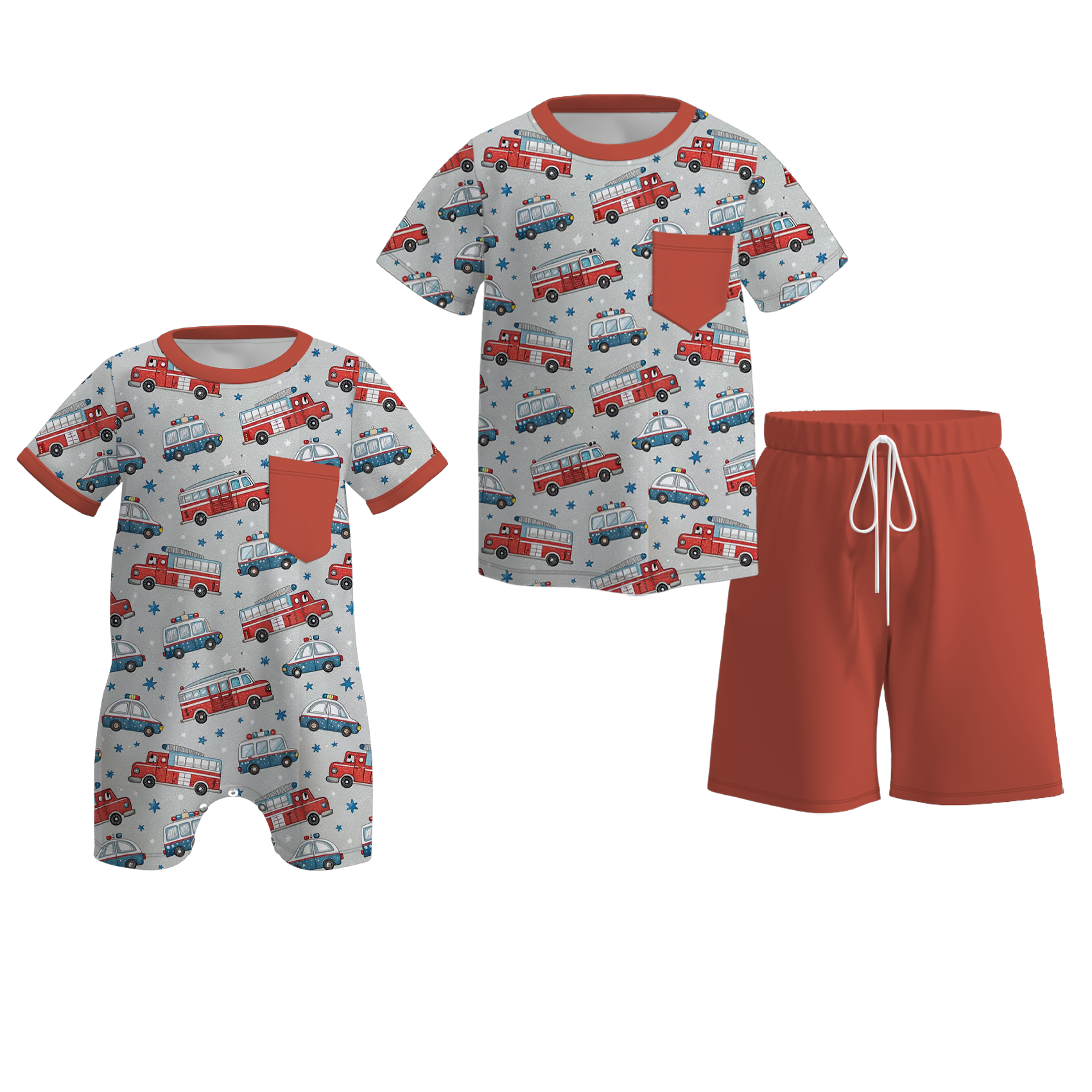 (Pre Order)Brothers Spring and Summer Cartoon Car Print Set&Romper