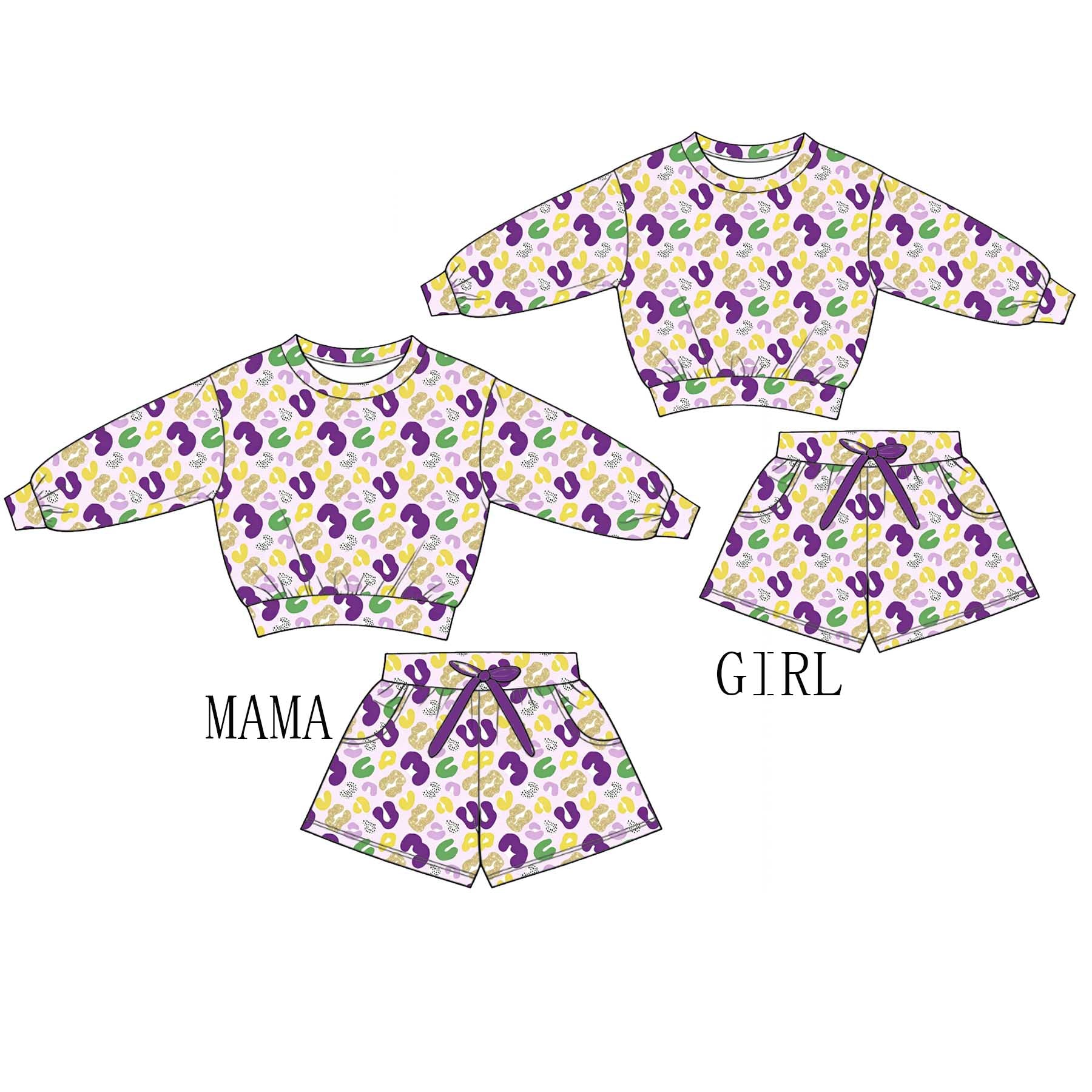 (Pre Order)Family Mardi Gras Print Shorts Set with Pockets