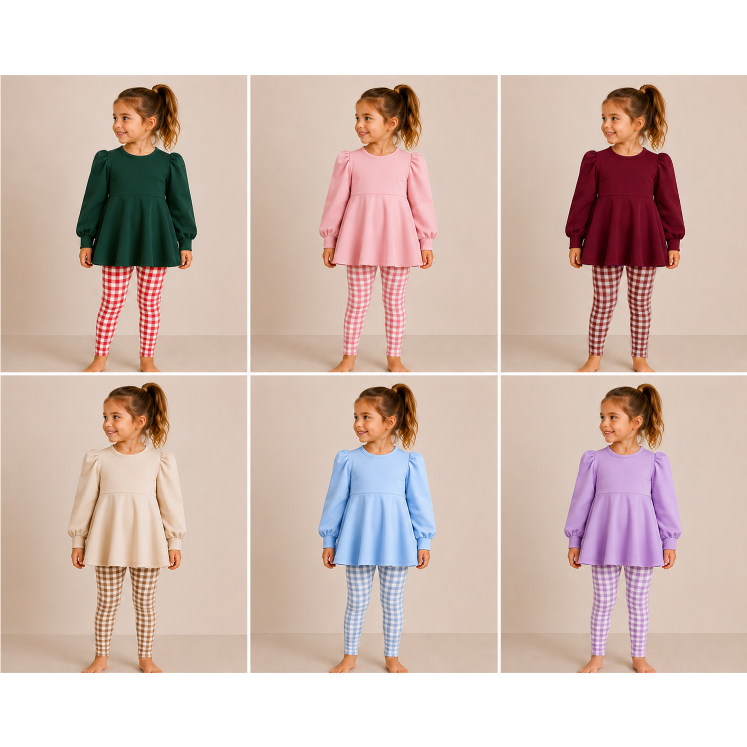 (Weekly Pre-Order)Girls Puff Sleeve Peplum Top Gingham Leggings Matching 2‑Piece Fall Outfit Set(Ends 9.6)