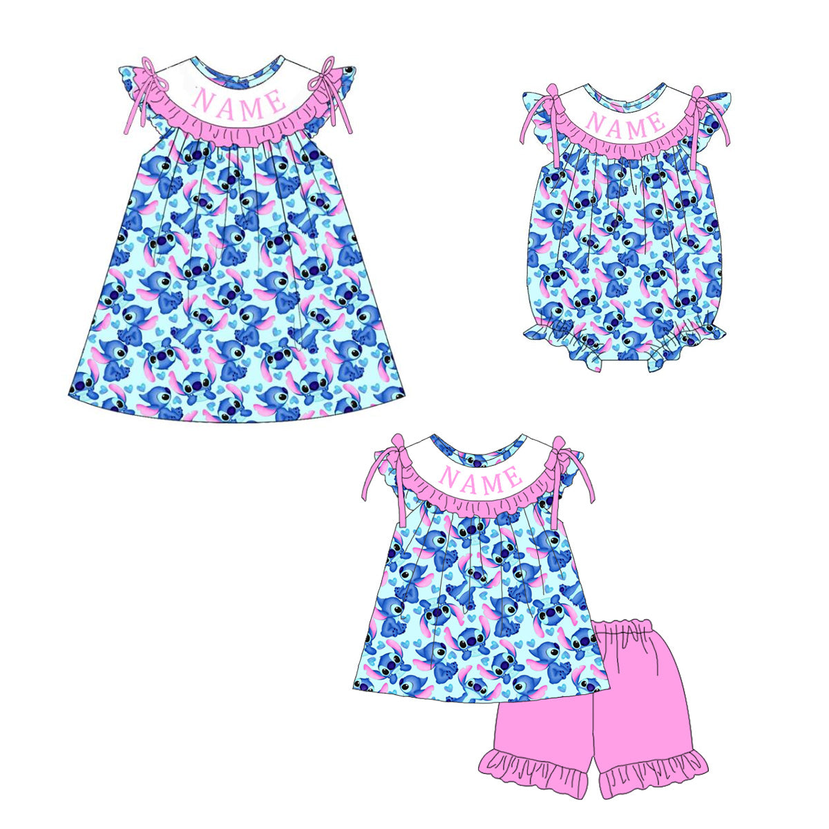 (Pre Order)Sisters Spring&Summer Cartoon Embroidery Smocked Dress,Set&Romper-Customized name