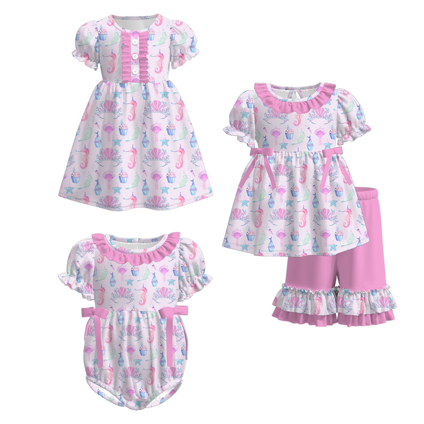 (Pre Order)Sisters Spring Seahorse Print Dress,Set&Romper