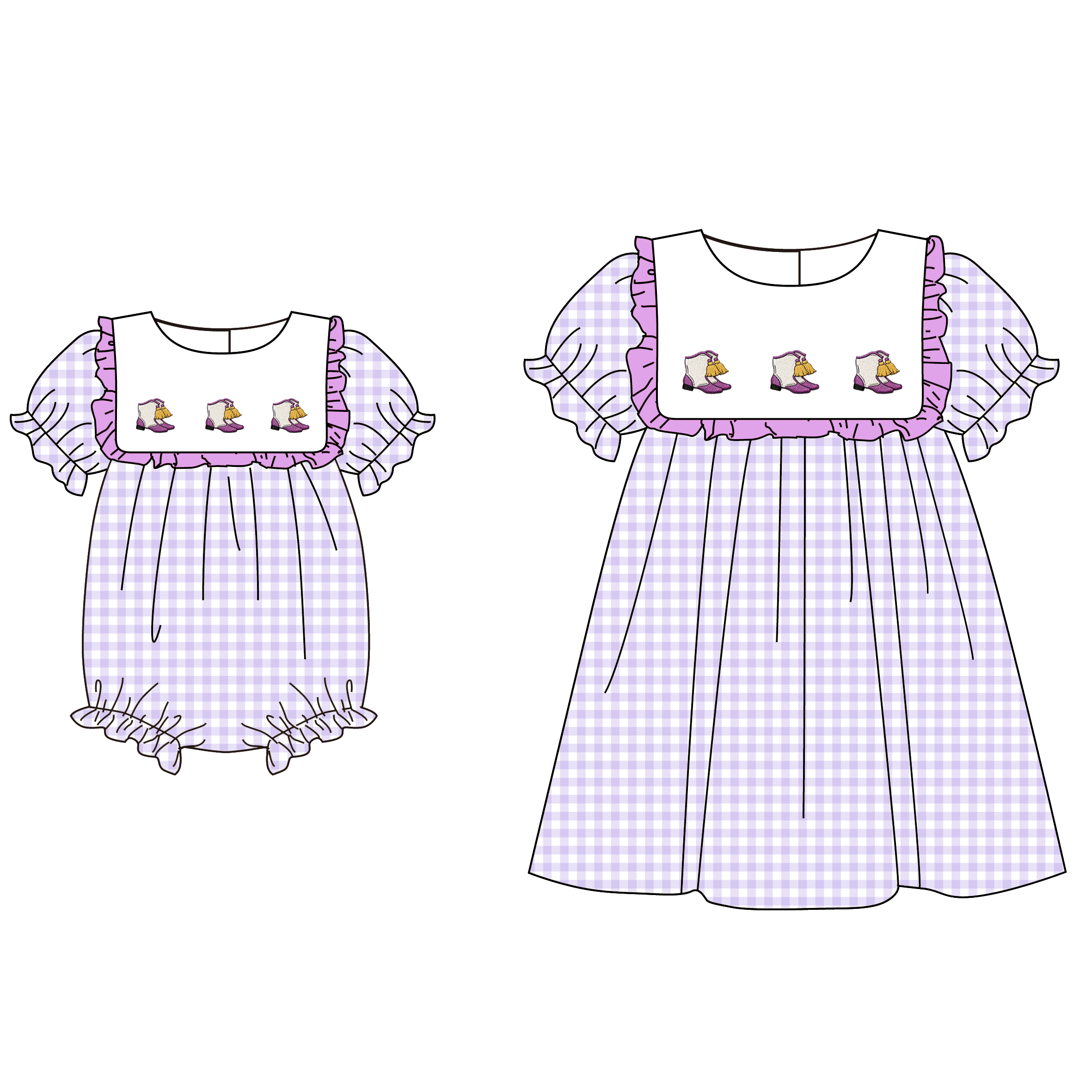 (Pre Order)Sisters Mardi Gras Boots Embroidery Dress&Romper