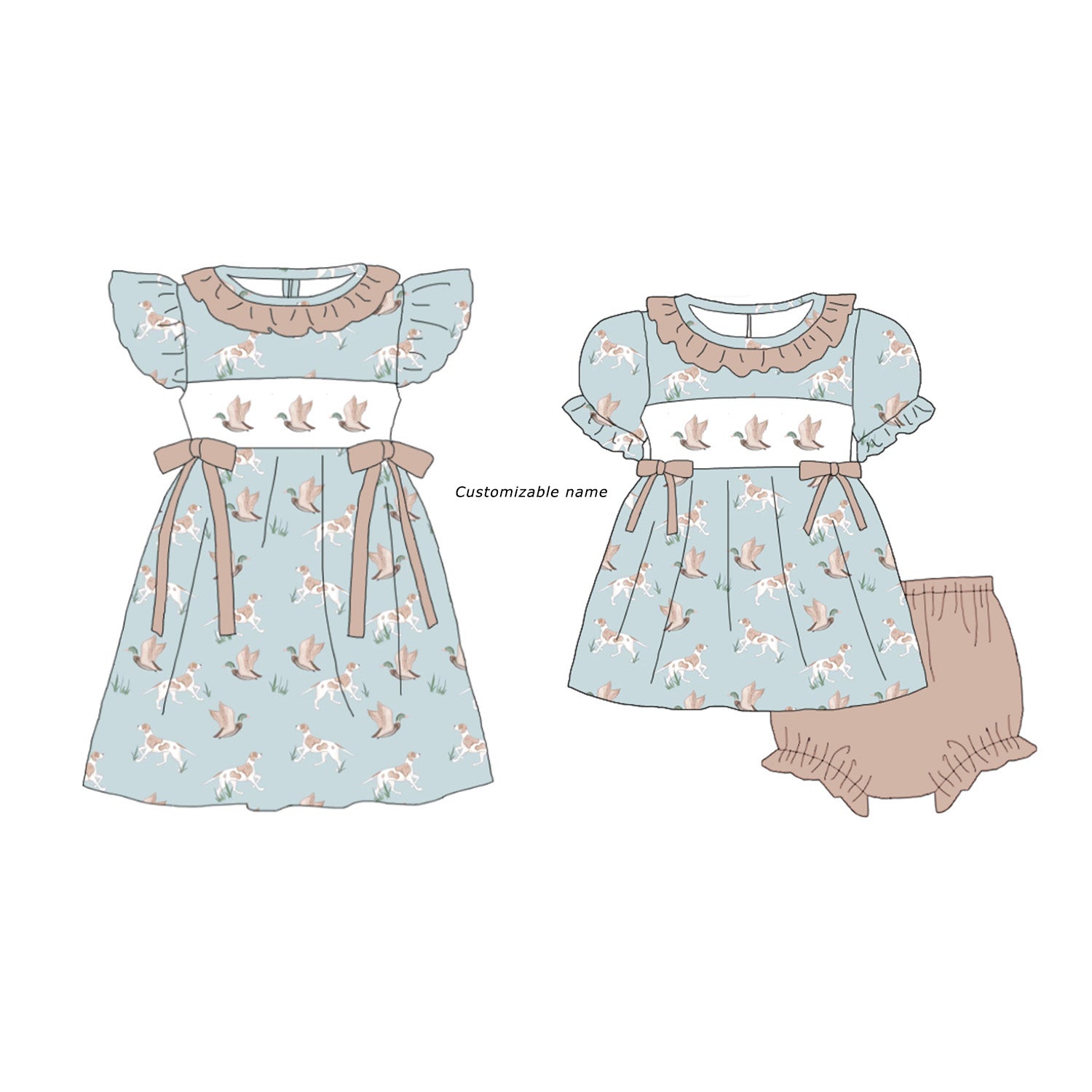 (Pre Order)Sisters Wild Goose Embroidery Smocked Dress&Romper-Customized name