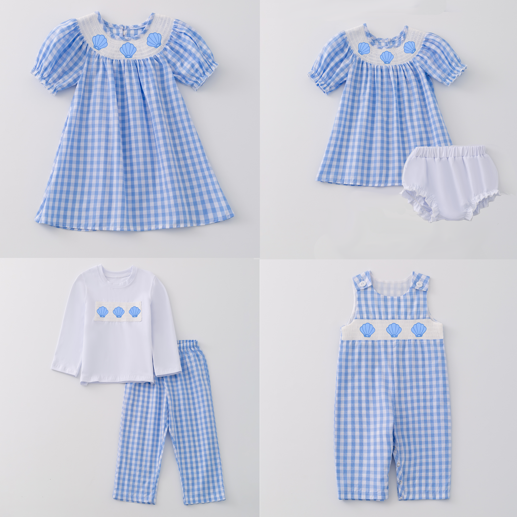 (Pre Order)Girls and Boys Spring&Summer Sea Shell Embroidery Smocked Dress Romper Outfit
