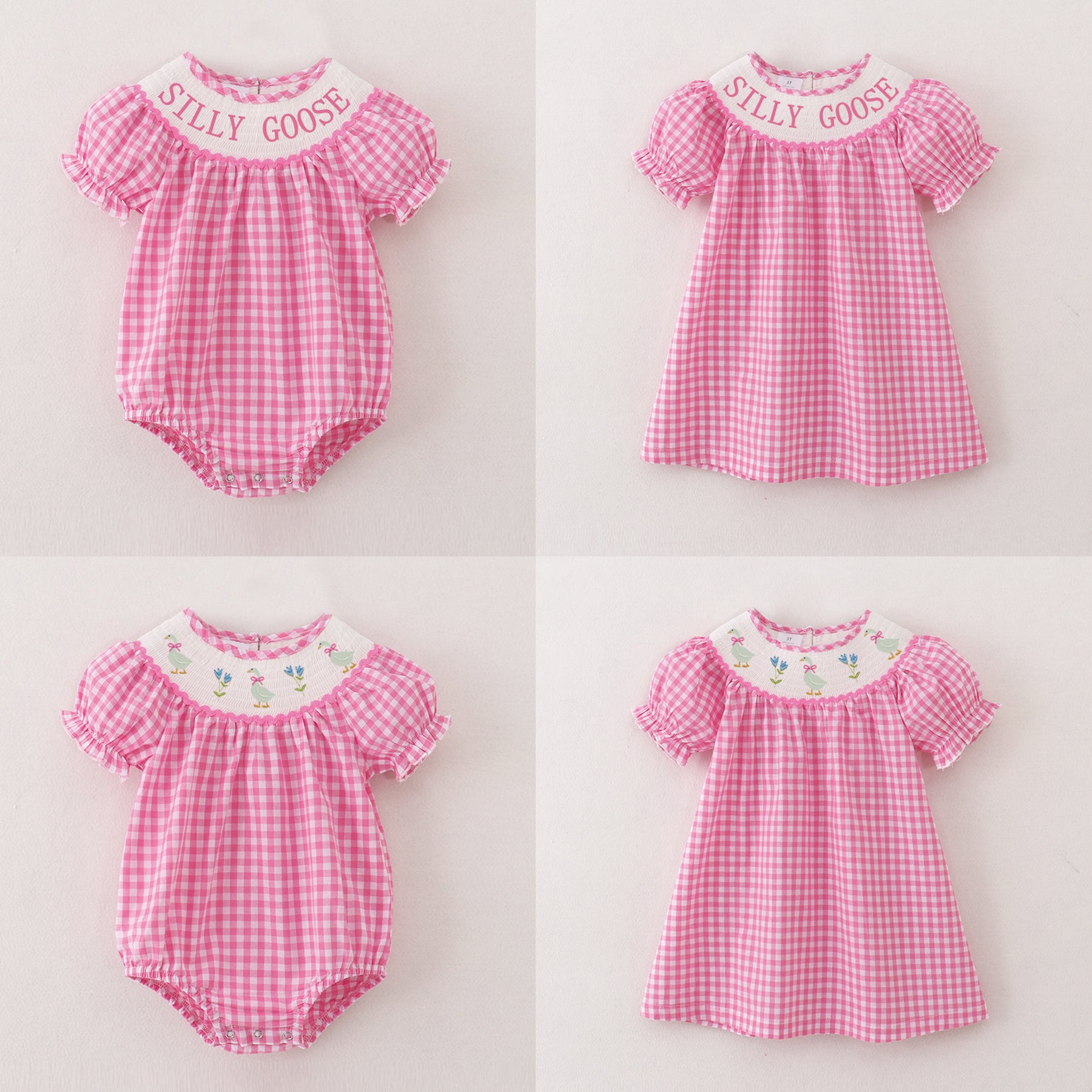 (Pre Order)Sisters Spring and Summer Silly Goose Embroidery Smocked Dress and Romper