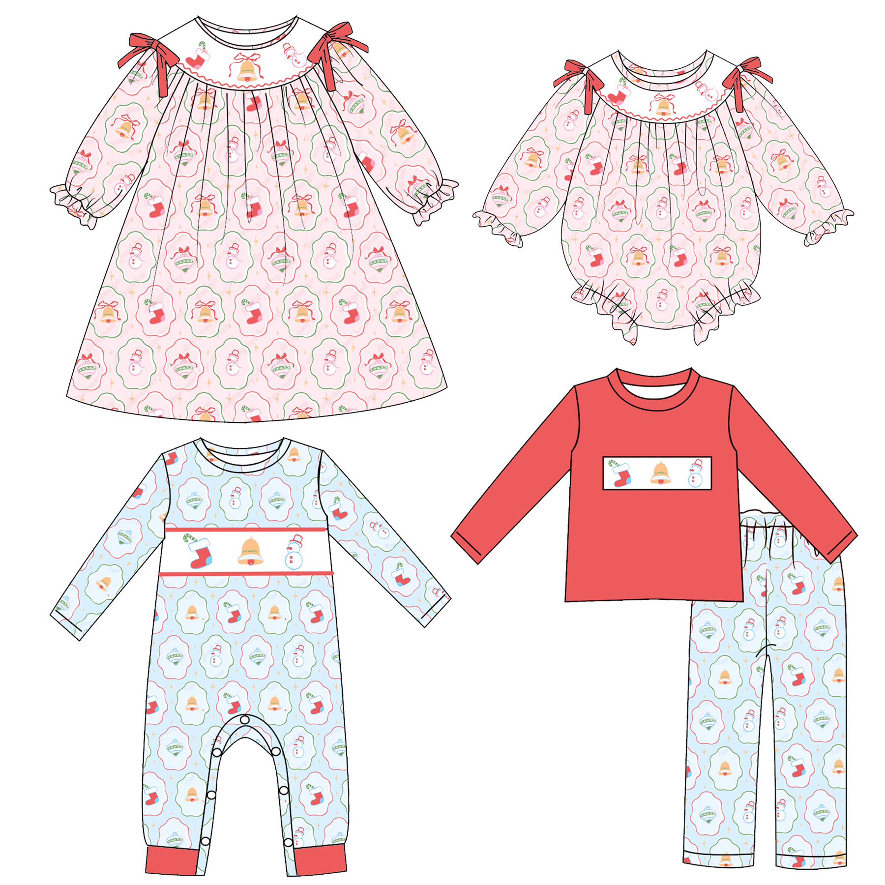 (Pre Order)Siblings Christmas Embroidery Smocked Dress,Set&Romper