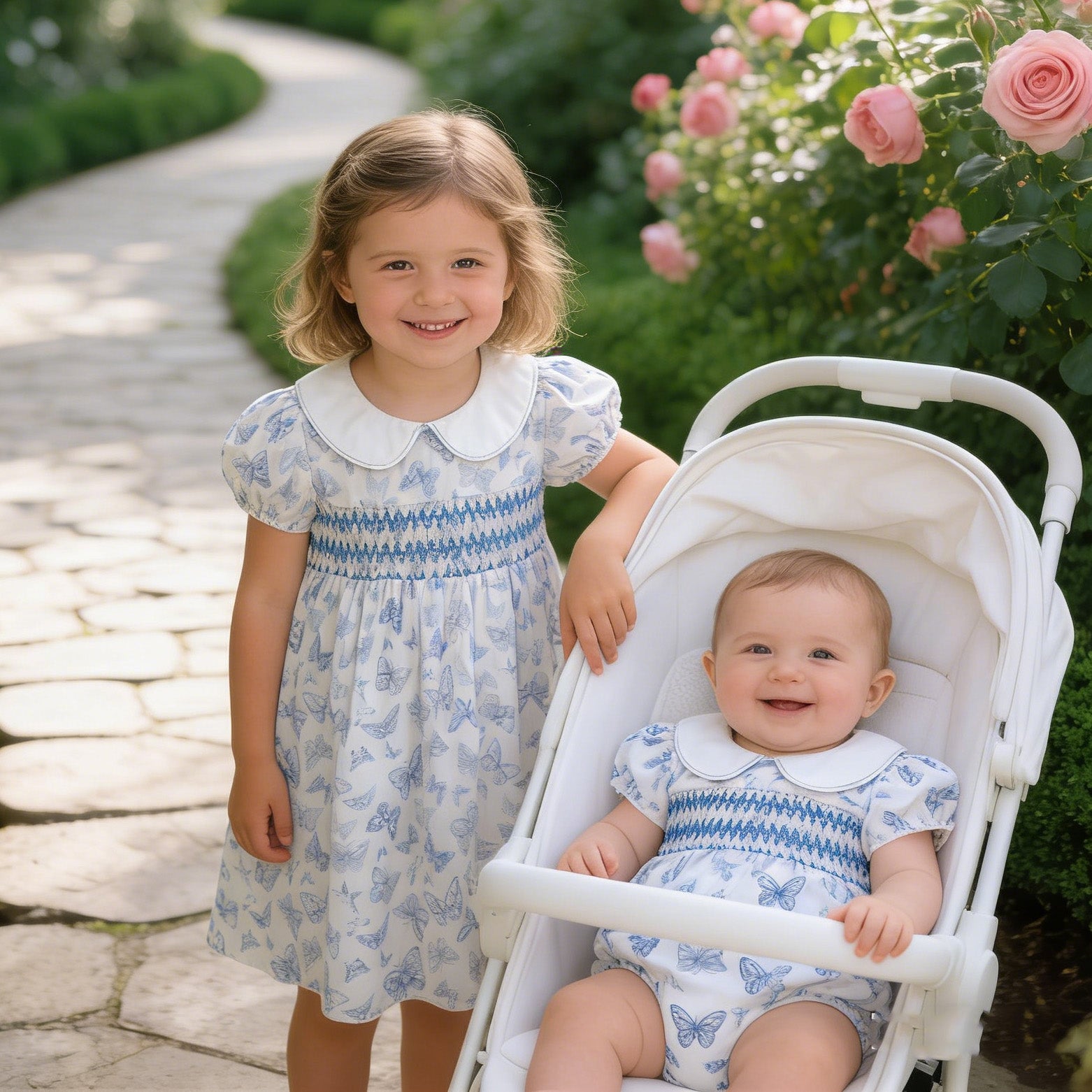 (In Production)Sisters Spring&Summer Blue Butterfly Print Smocked Dress,Romper