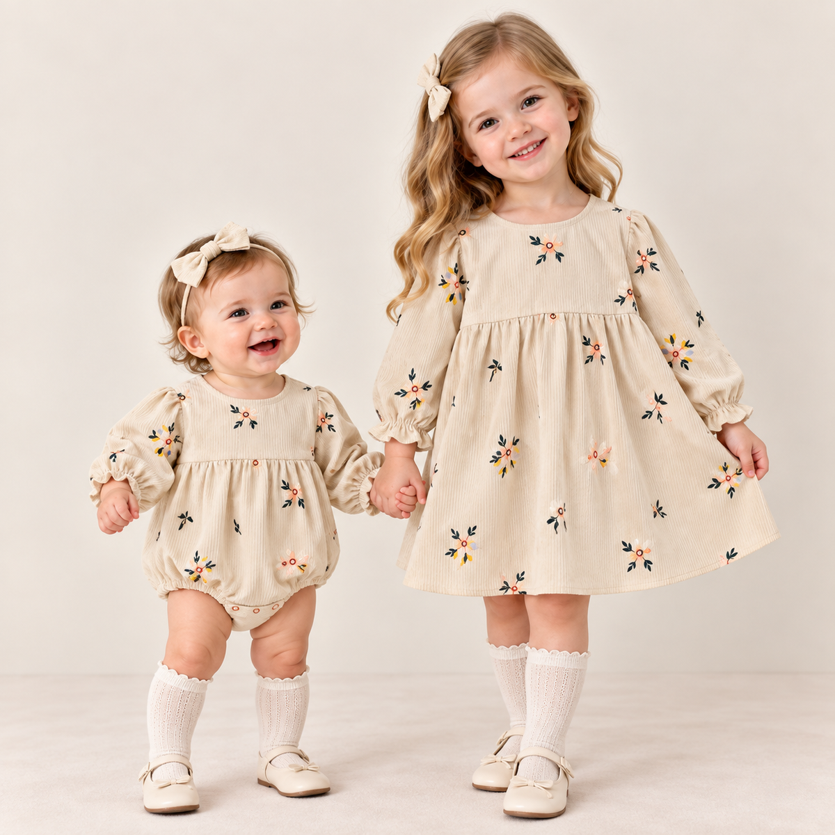(Pre Order 2 Weeks)Sisters Fall Floral Embroidery Corduroy Dress&Romper