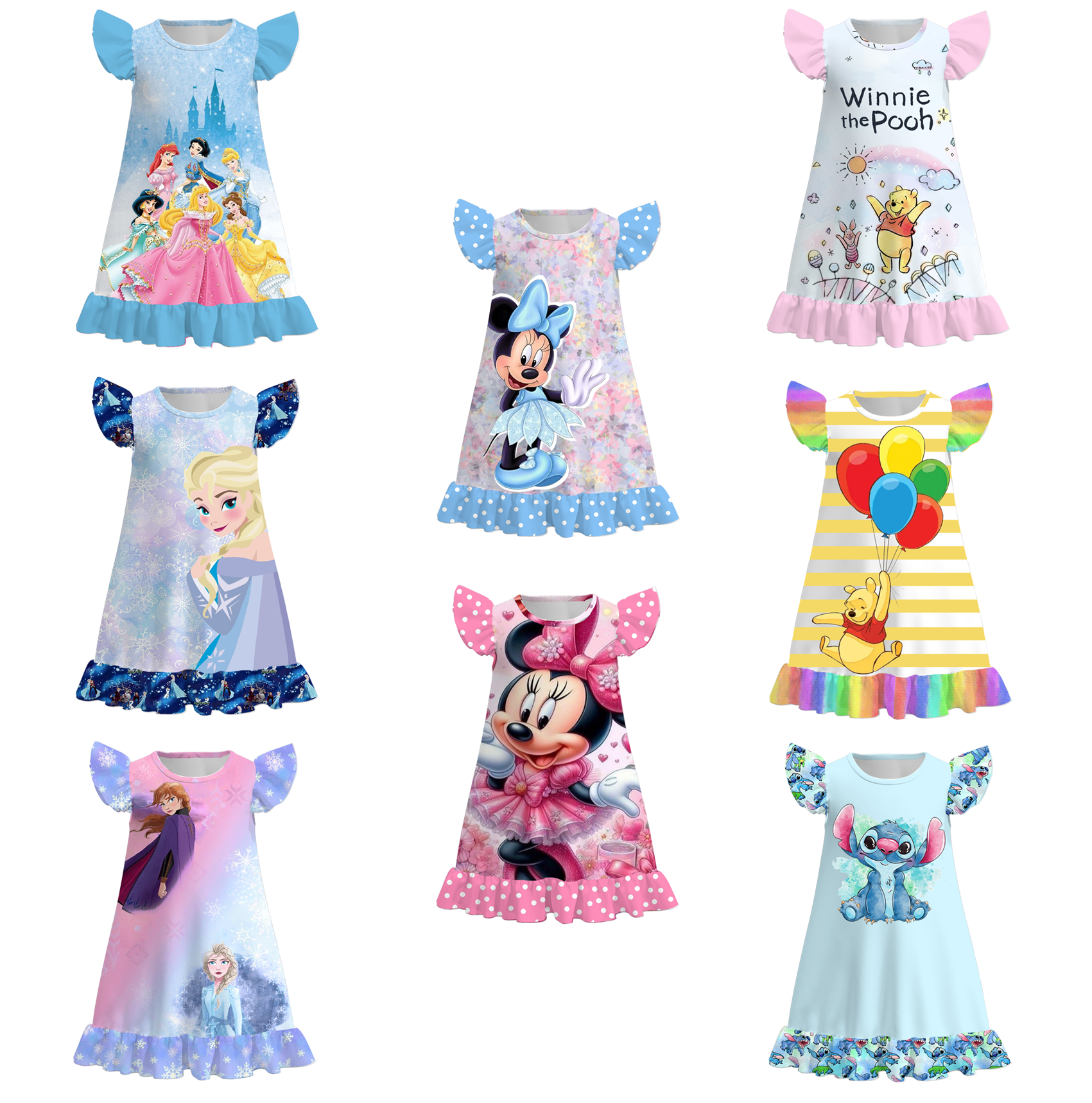 (Pre Order)Girls Summer Cartoon Ruffled Pajamas Dress