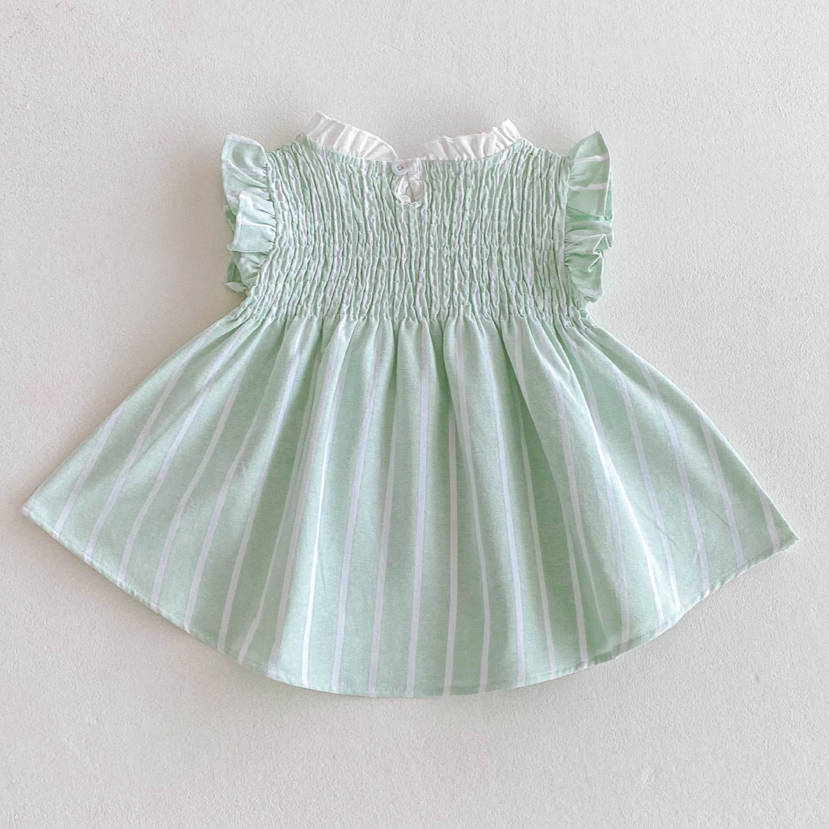 (In Production)Girls Spring and Summer Mint Smocked Stripe Dress