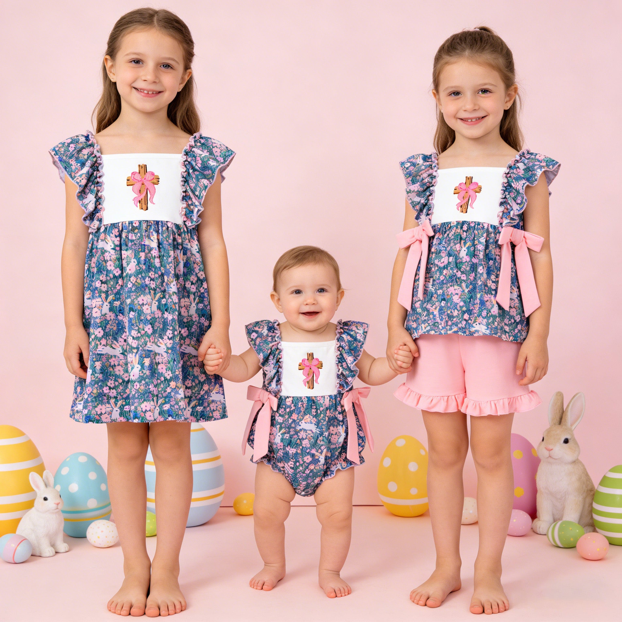 (In Stock)Girls Easter Cross Embroidery Dress,Set&Romper