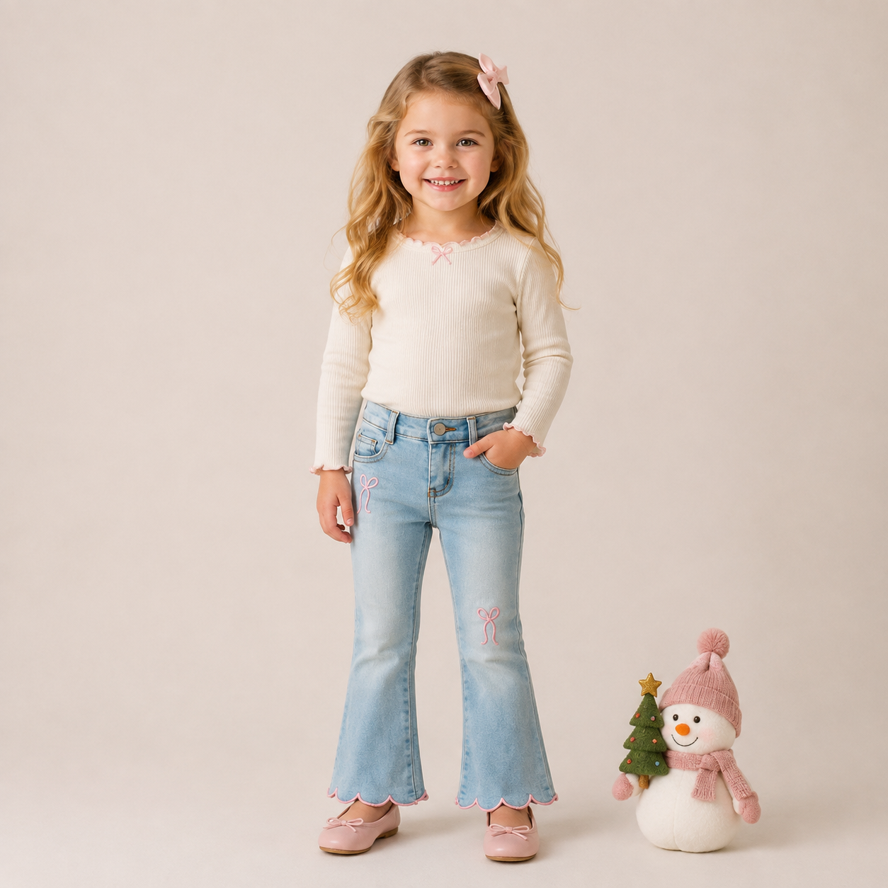 (In Stock)Girls Fall Bow Embroidery Scallop Jeans