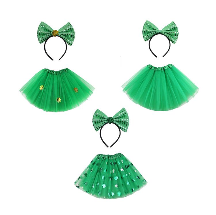 (Pre Order)Girls St.Patrick's Day Shamrock Bow Headband and Triple Tulle Skirt