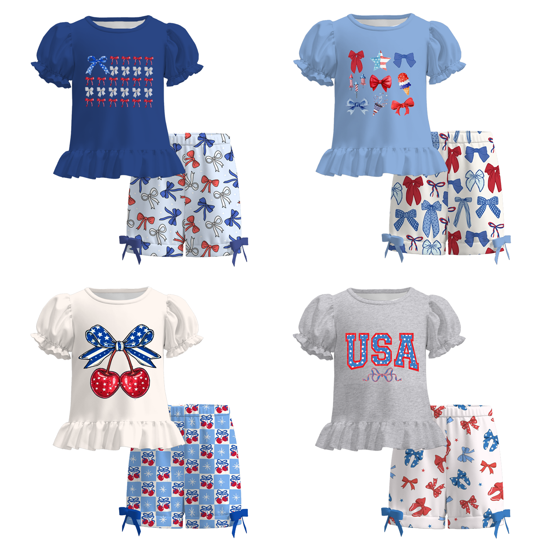 (Pre Order)Girls Patriotic Print Shorts Set
