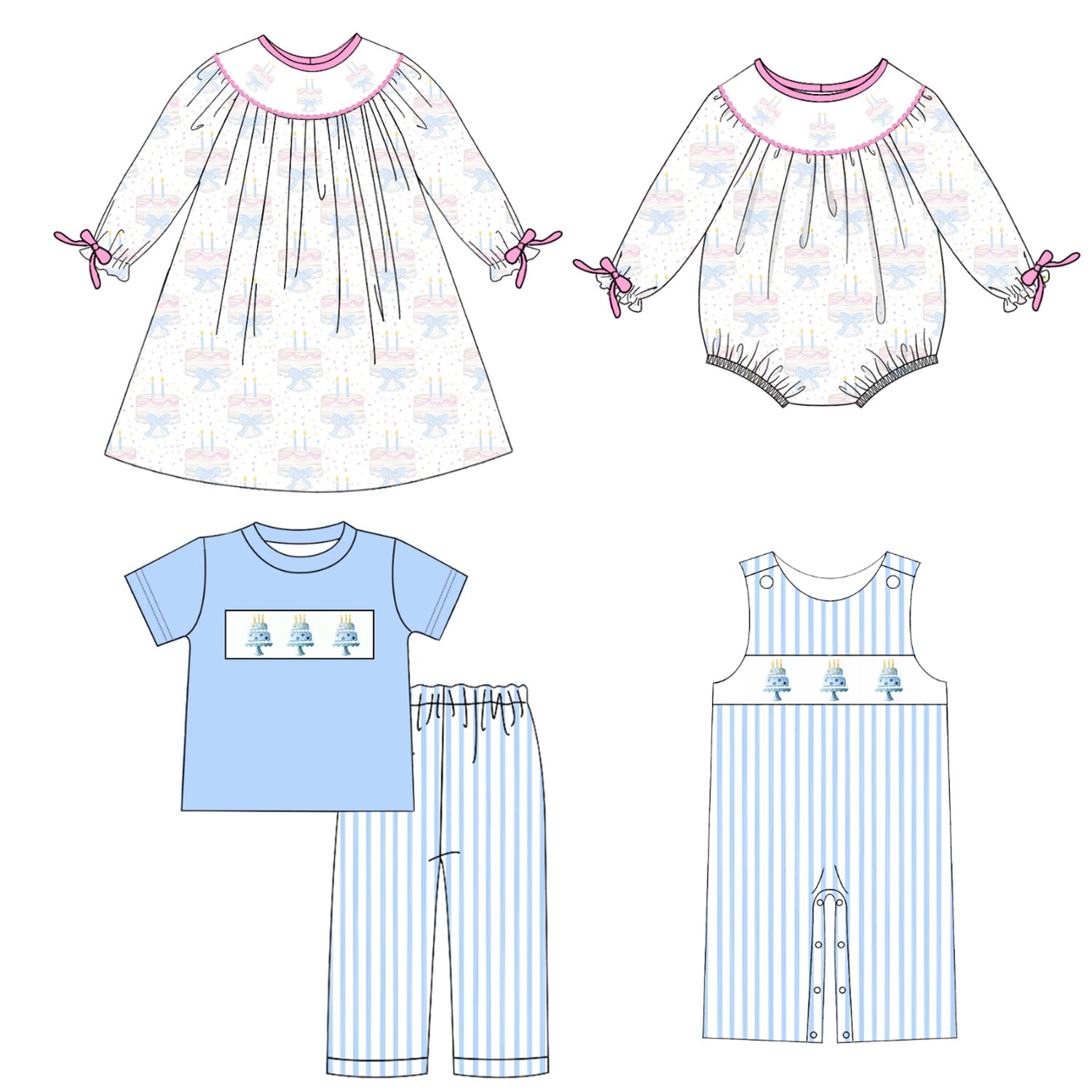 (Pre Order)Sibling Birthday Embroidery Smocked Dress,Romper&Shorts Set