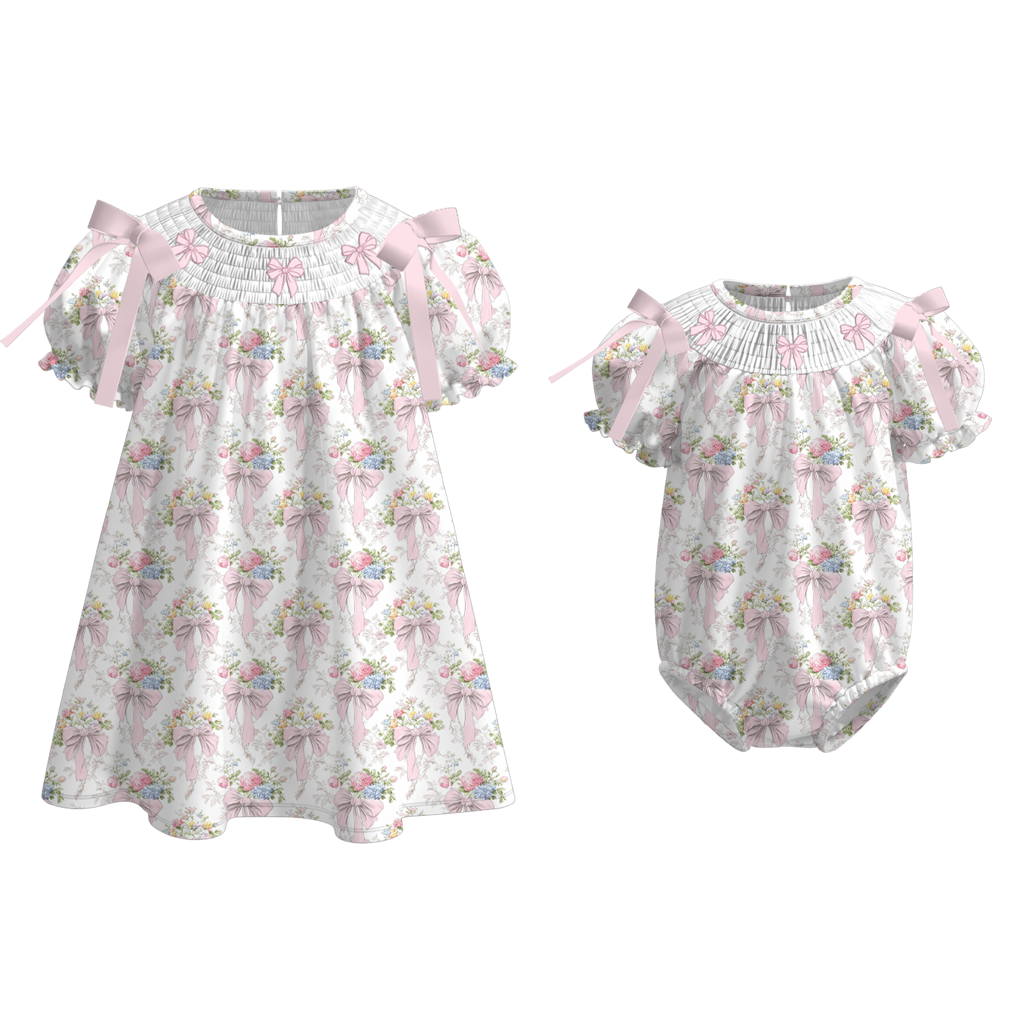(Pre Order)Sisters Spring Bow Embroidery Smocked Dress&Romper