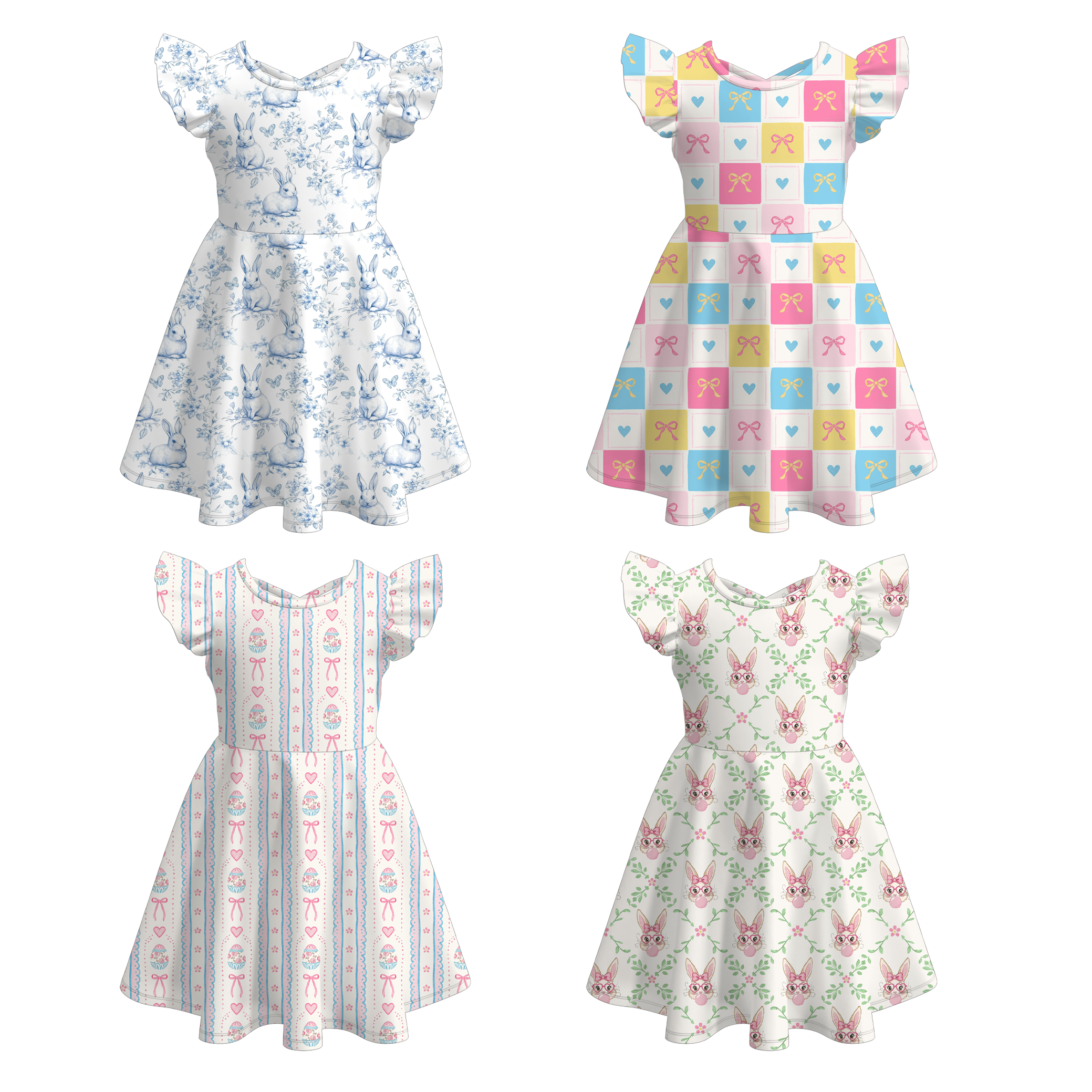 (Pre Order)Girls Easter Bunny&Bow Print Dress