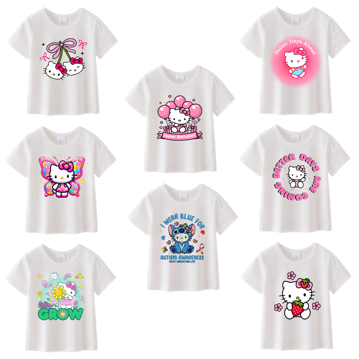 (Pre Order)Summer Girls Cotton Cartoon Print White T-shirt