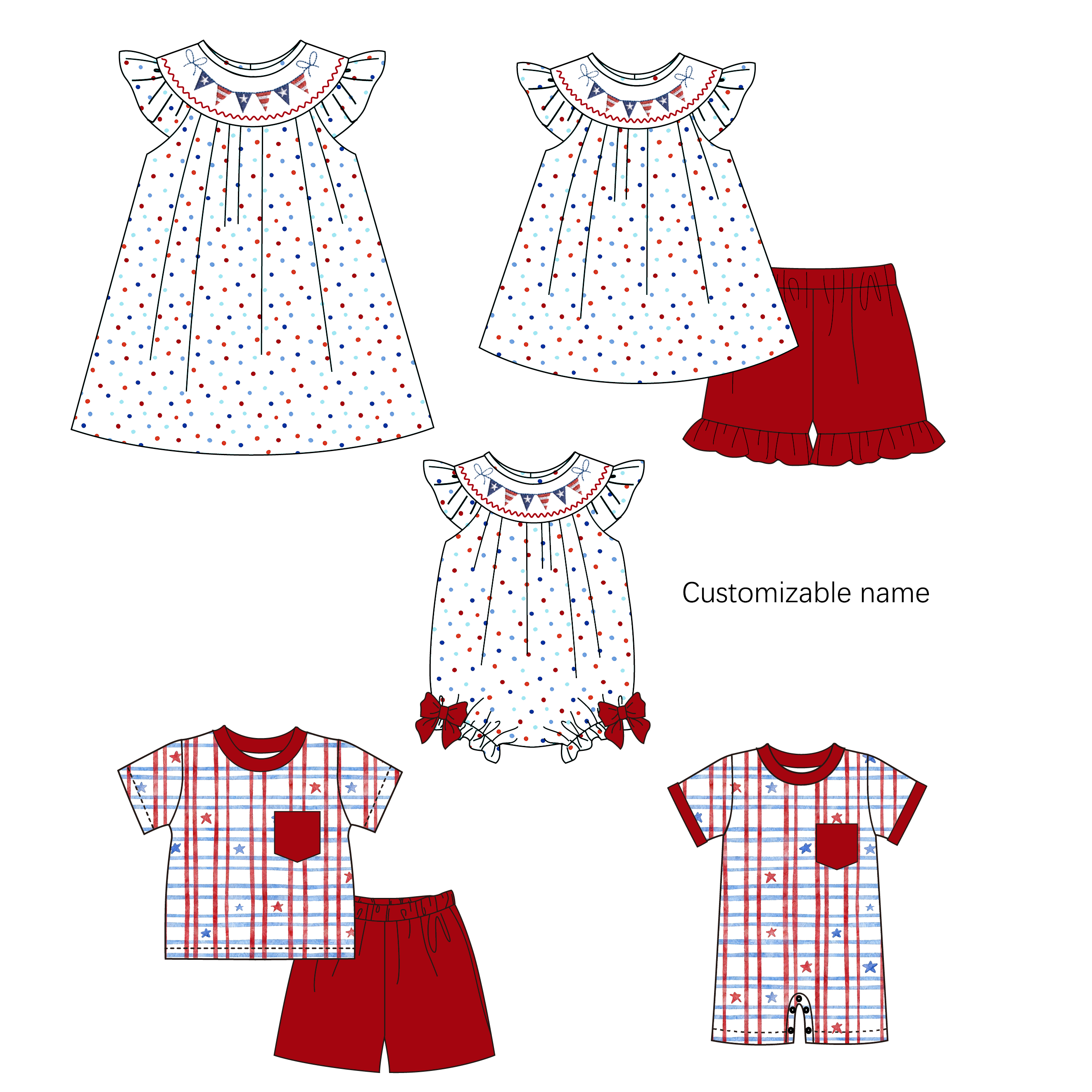 (Pre Order)Siblings Patriotic Embroidery Smocked Dress,Set&Romper-Customized name