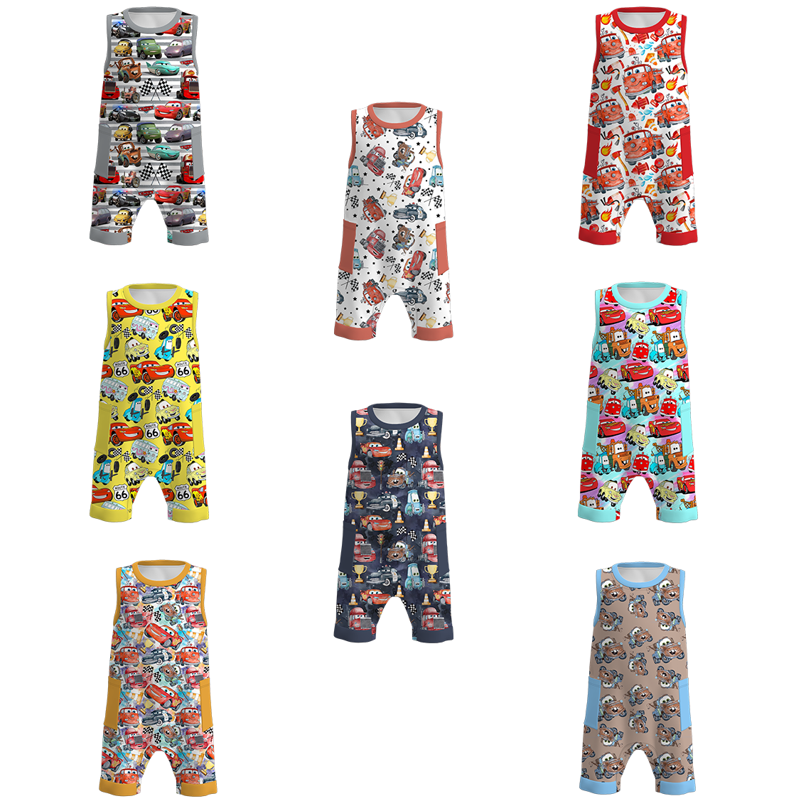 (Pre Order)Boys Summer Cars Pixar Print Pocket Sleeveless Romper