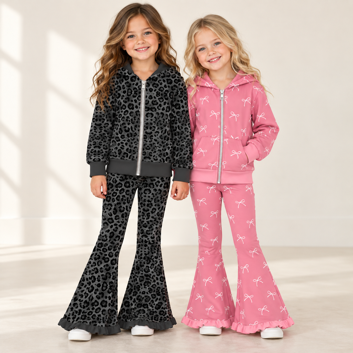 (Weekly Pre-Order)Girls Fall Leopard&Bow Print Zipper Hoodie Set(Ends 10.11)
