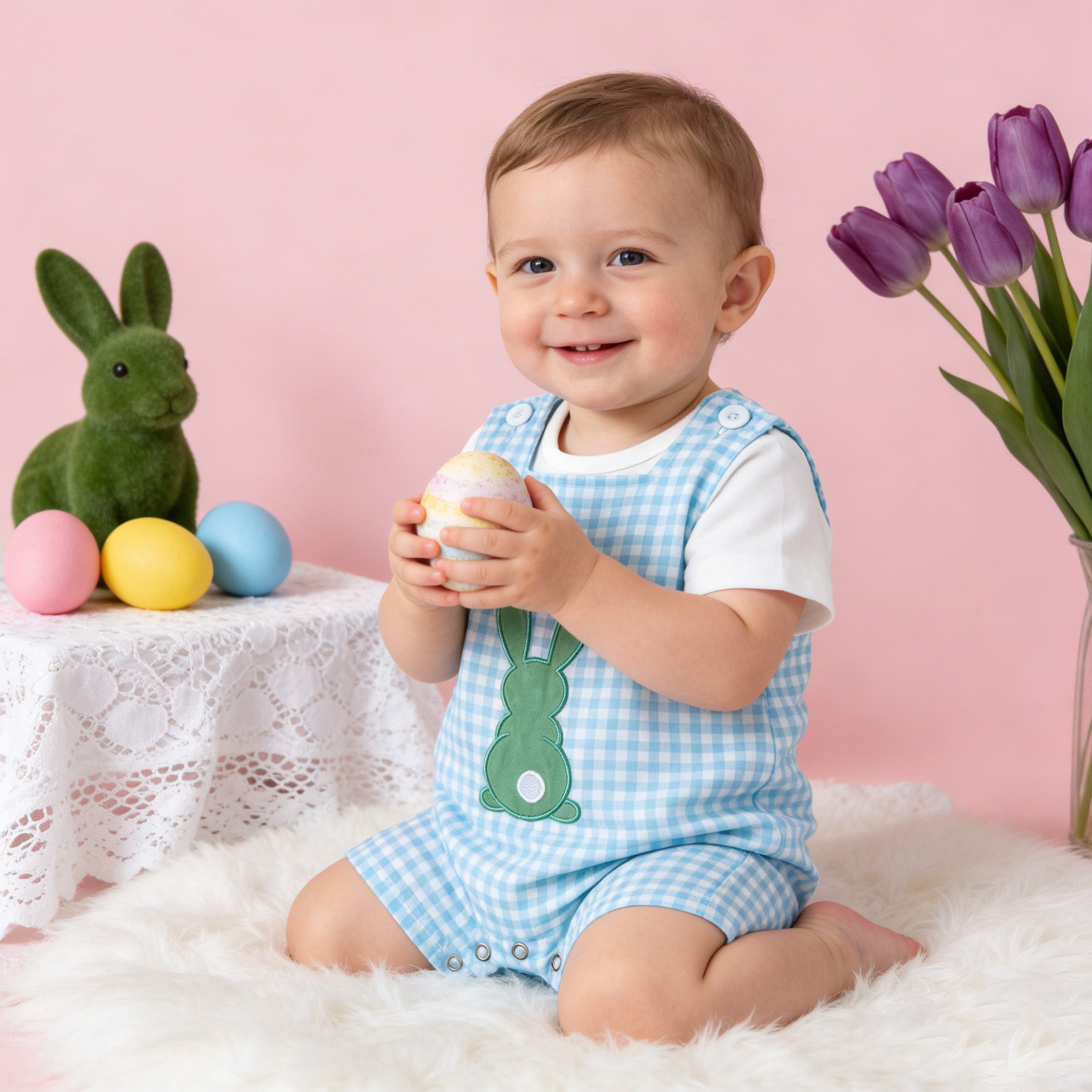 (In Stock)Siblings Easter Bunny Applique Dress,Top&Romper