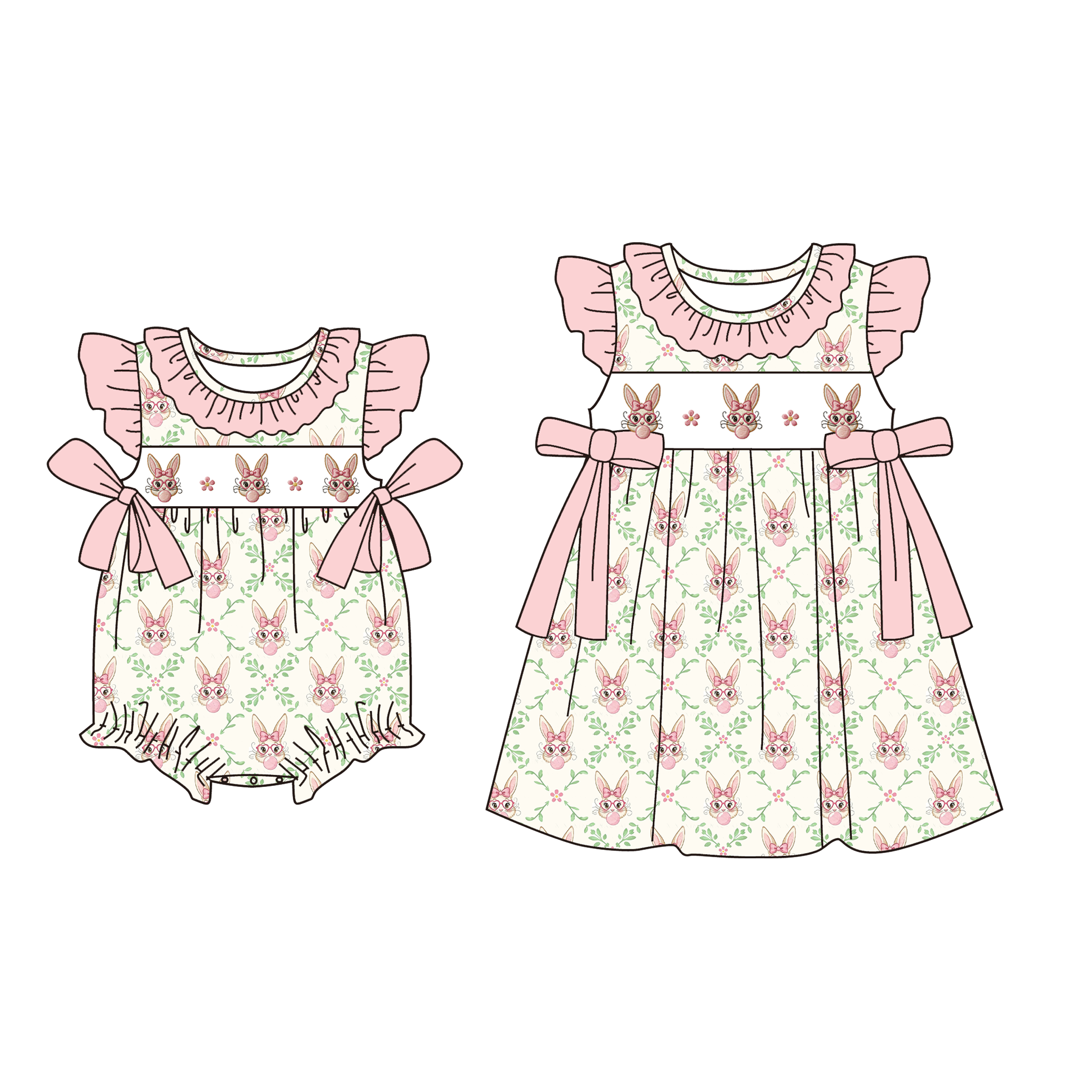 (Pre Order)Sisters Easter Bunny Embroidery Smocked Dress&Romper