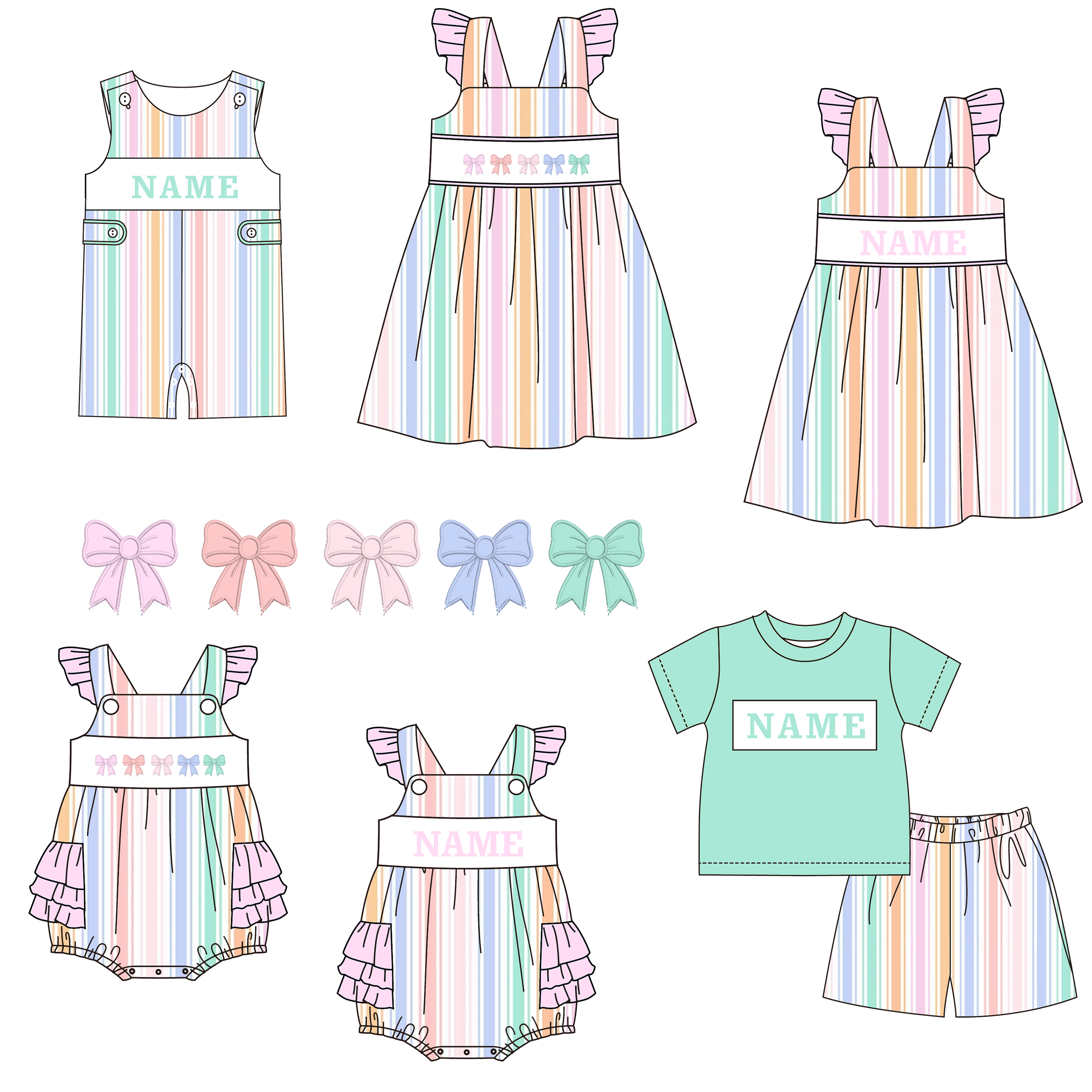 (Pre Order)Siblings Spring&Summer Bow Embroidery Smocked Dress,Set&Romper
