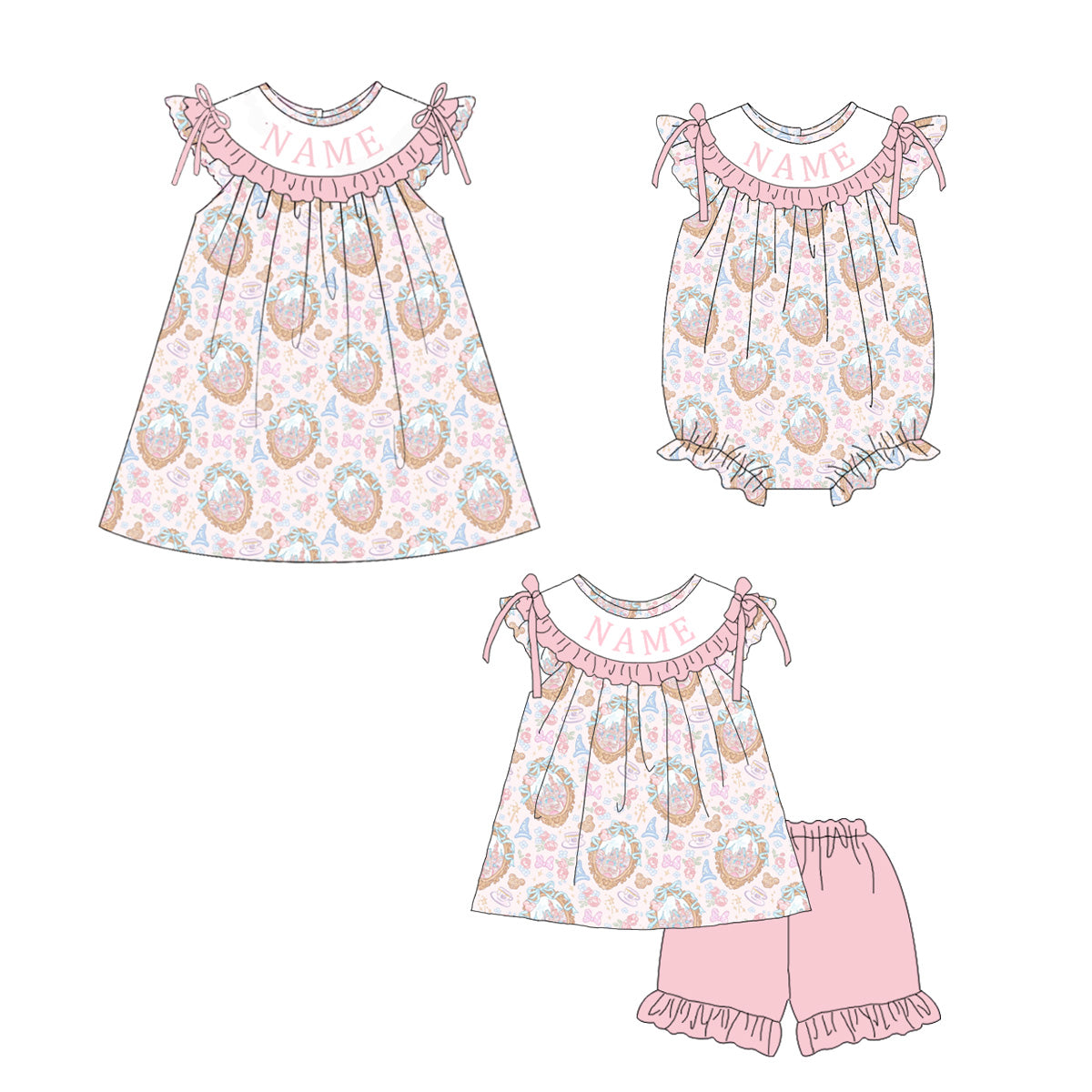 (Pre Order)Sisters Spring&Summer Castle Embroidery Smocked Dress,Set&Romper-Customized name
