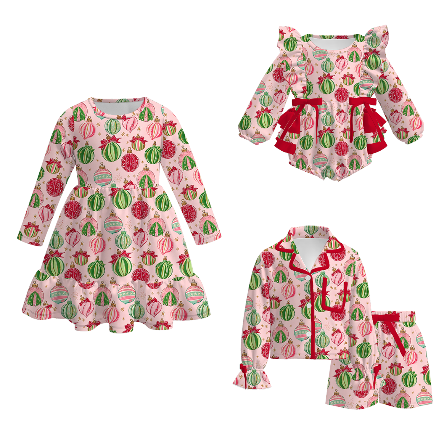 (Pre Order)Sisters Christmas Print Dress,Pajamas&Romper