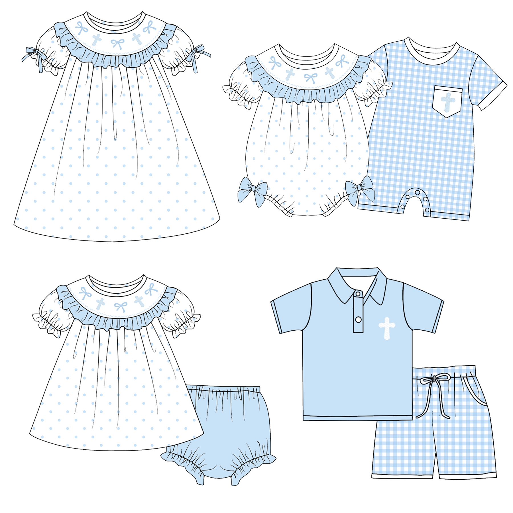 (Pre Order)Siblings Easter Bow&Cross Embroidery Smocked Dress,Set&Romper