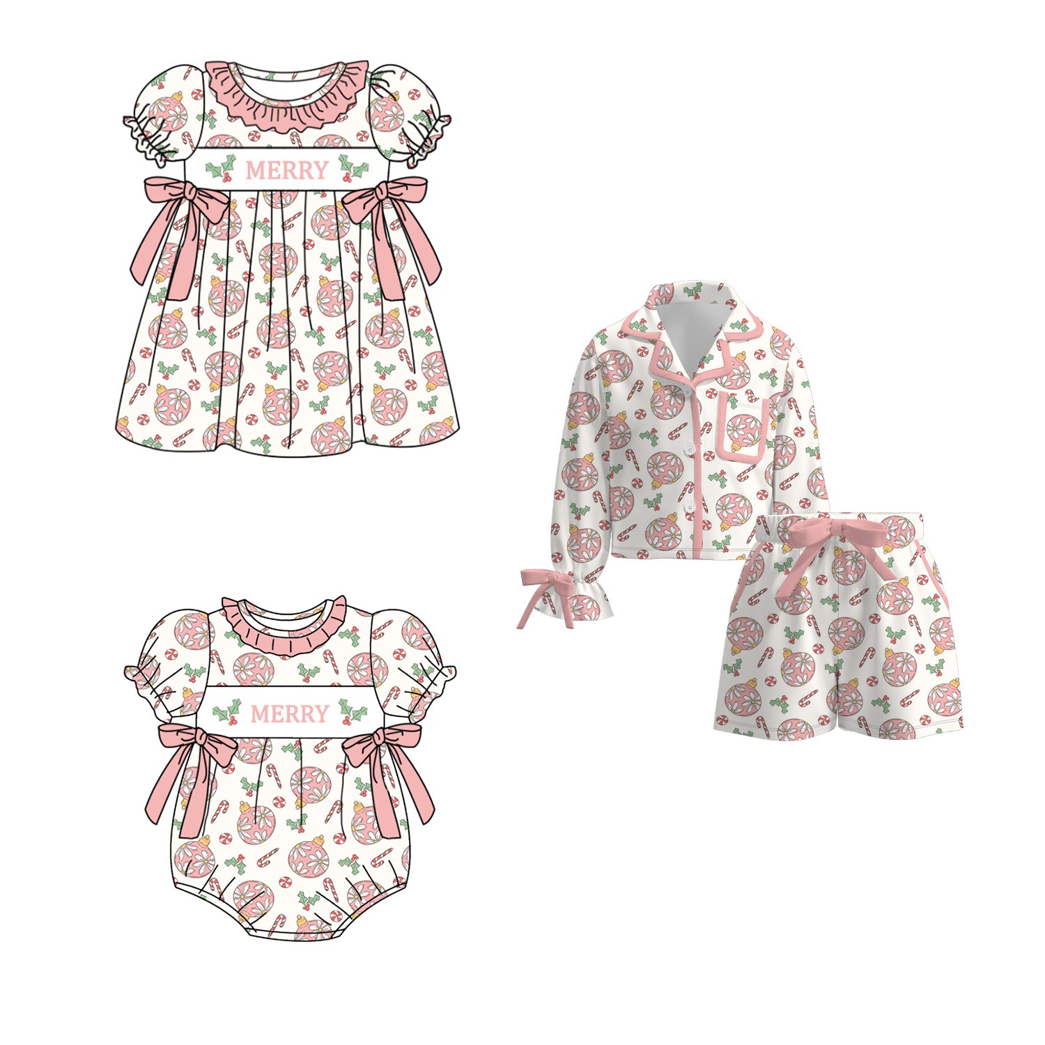(Pre Order)Sisters Merry Christmas Embroidery Smocked Dress,Pajamas&Romper