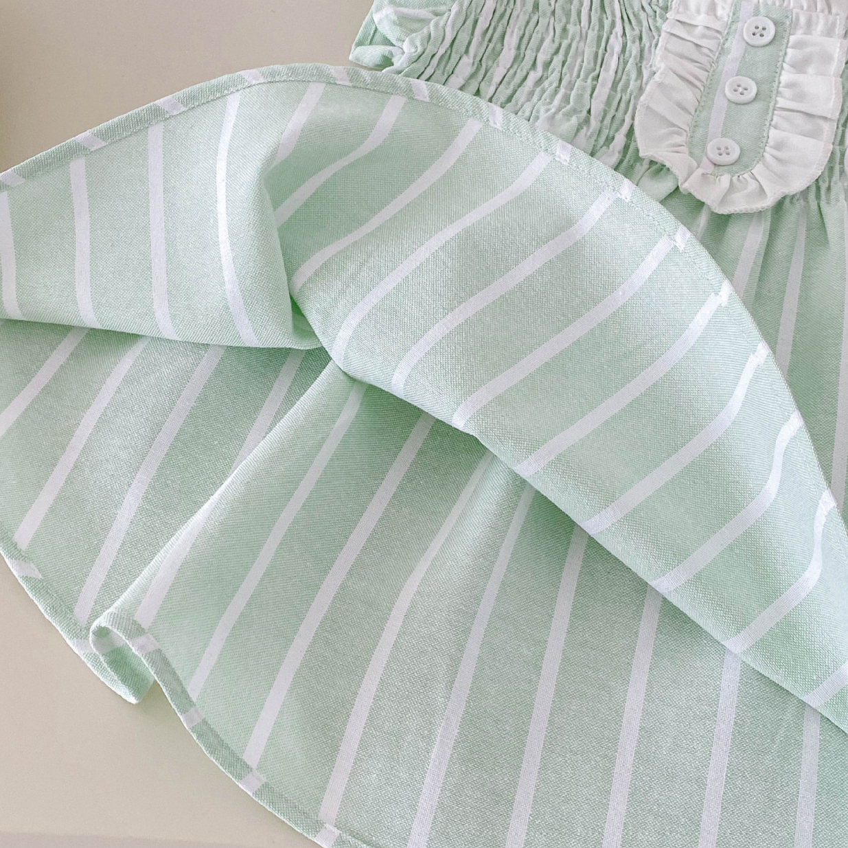 (In Production)Girls Spring and Summer Mint Smocked Stripe Dress
