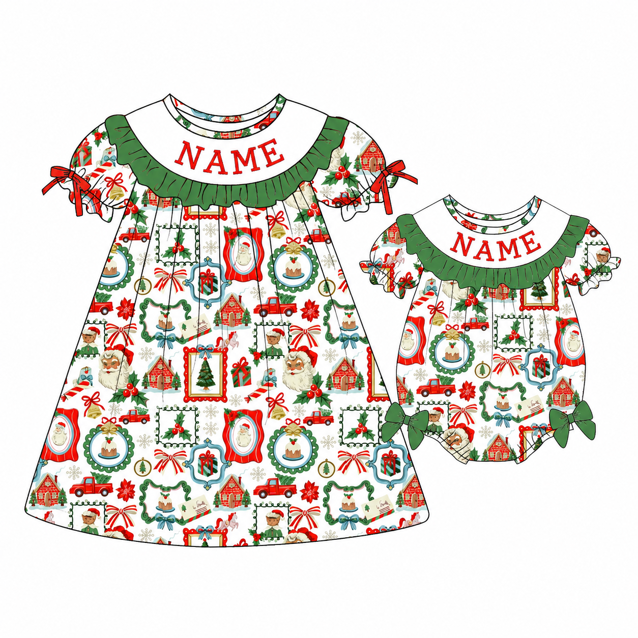 (Pre Order)Sisters Christmas Embroidery Smocked Dress,Set&Romper