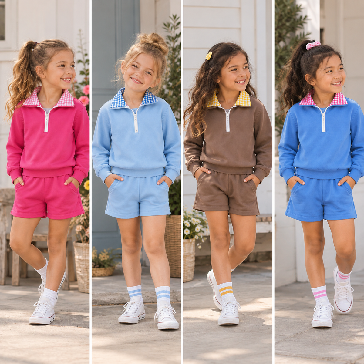 (Pre Order)Girls Fall Solid Color Zipper Pullover Set