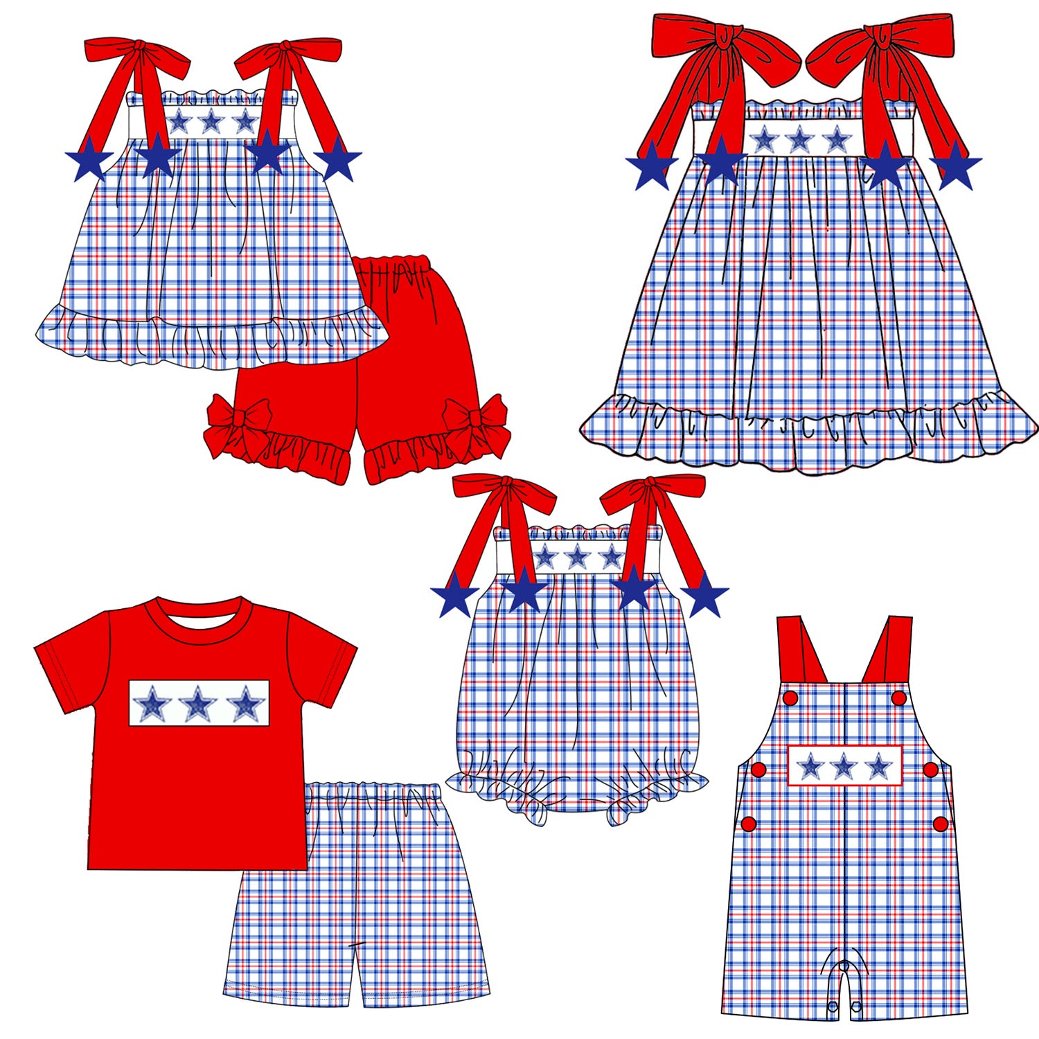 (Pre Order)Siblings Patriotic Embroidery Dress,Set&Romper-Customized name