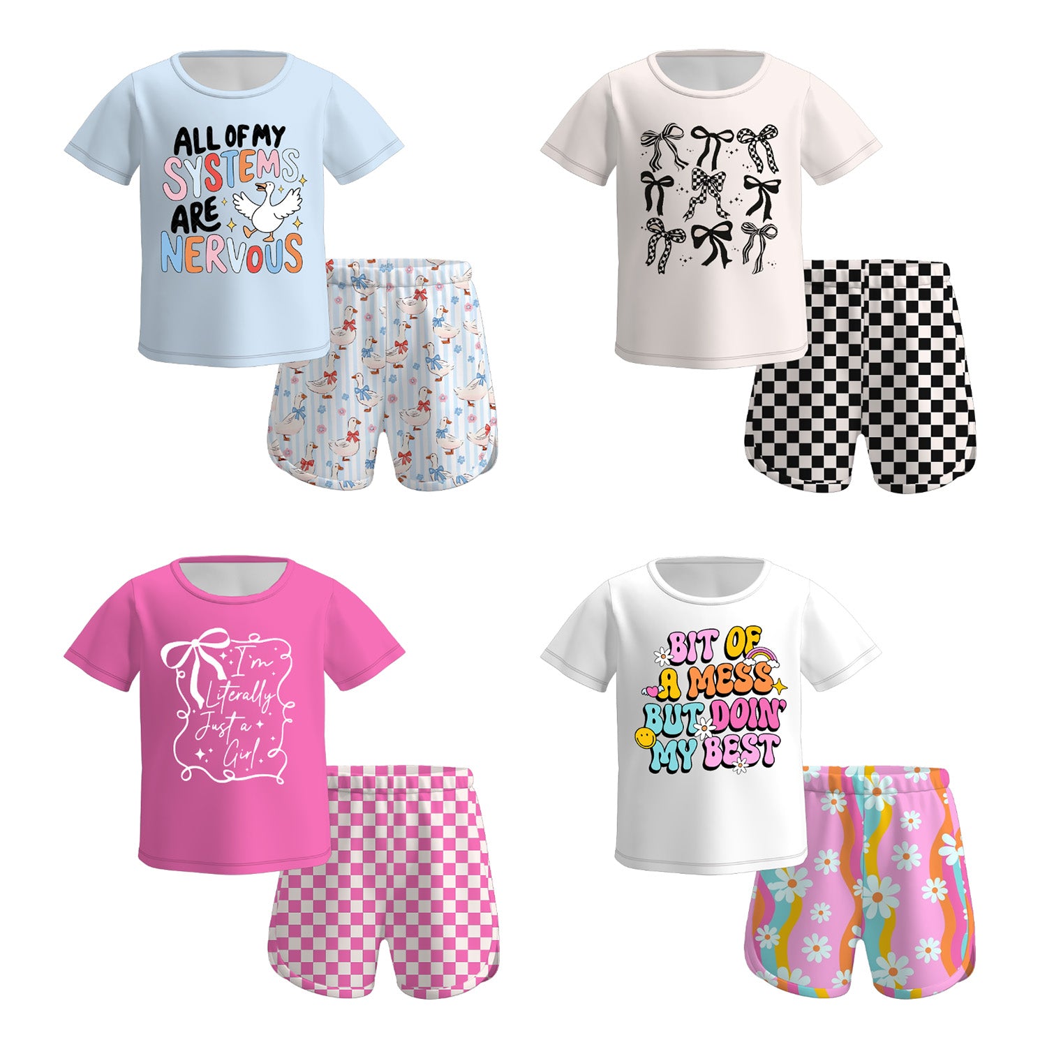 (Pre Order)Girls Spring and Summer Goose&Bow Print Shorts Set
