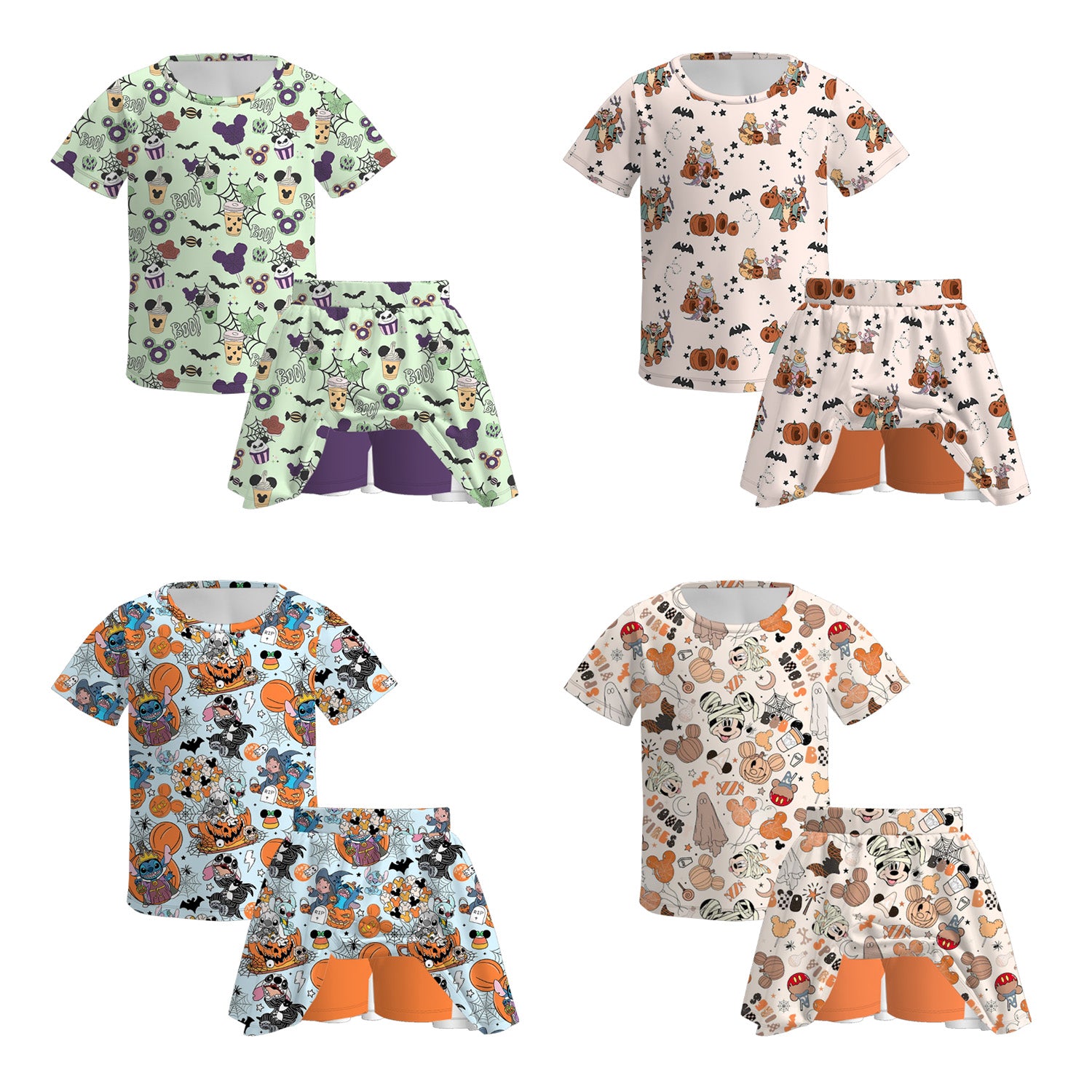 (Pre Order)Girls Halloween Cartoon Print Skort Set