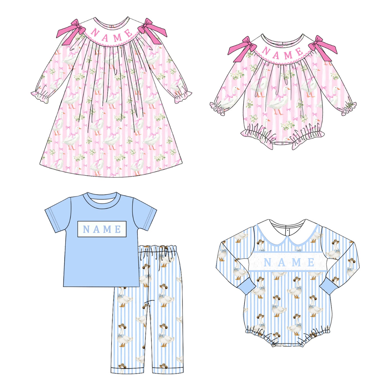 (Pre Order)Sibling Goose Embroidery Smocked Dress,Romper&Shorts Set