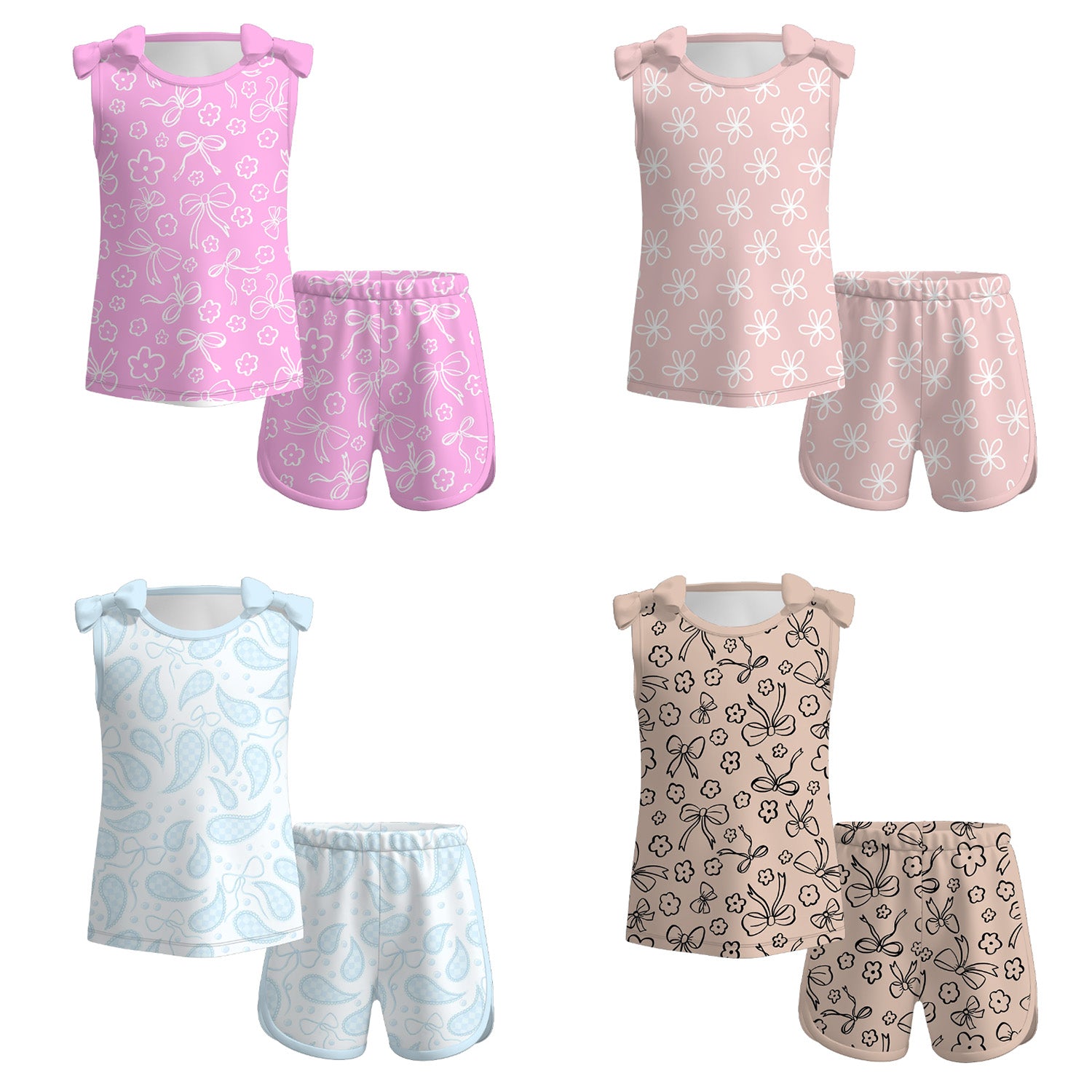 (Pre Order)Girls Spring and Summer Bow Print Shorts Set