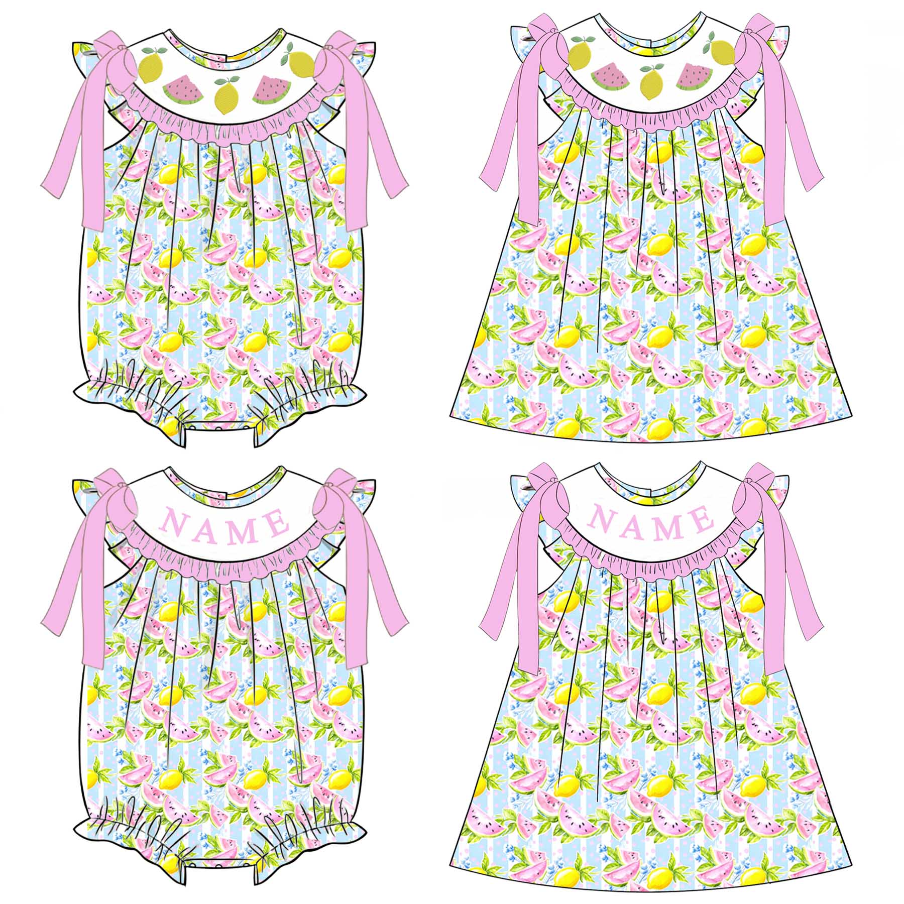 (Pre Order)Sisters Summer Watermelon&Lemon Embroidery Smocked Dress&Romper-Customized Name