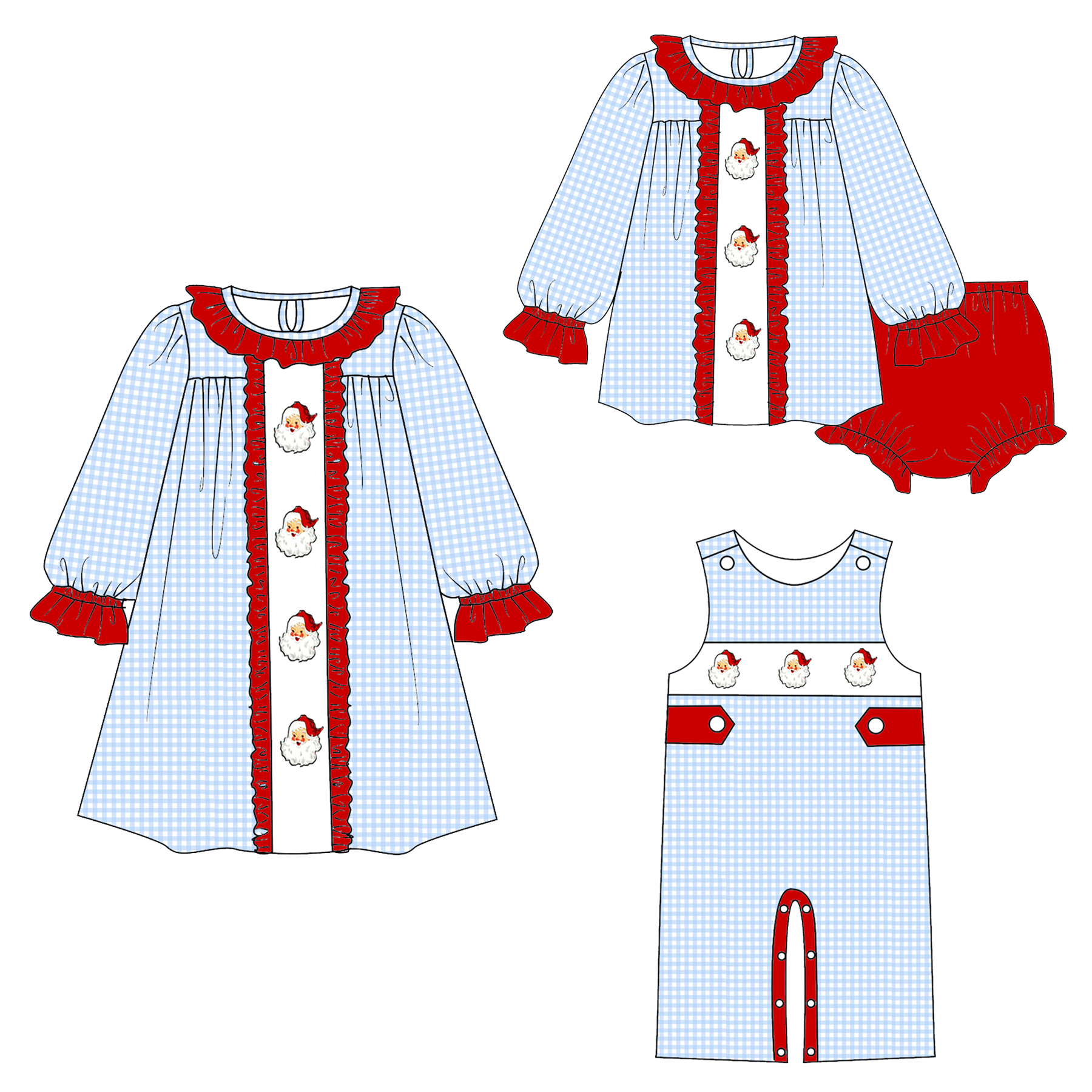 (Pre Order)Siblings Christmas Santa Claus Embroidery Dress,Set&Romper
