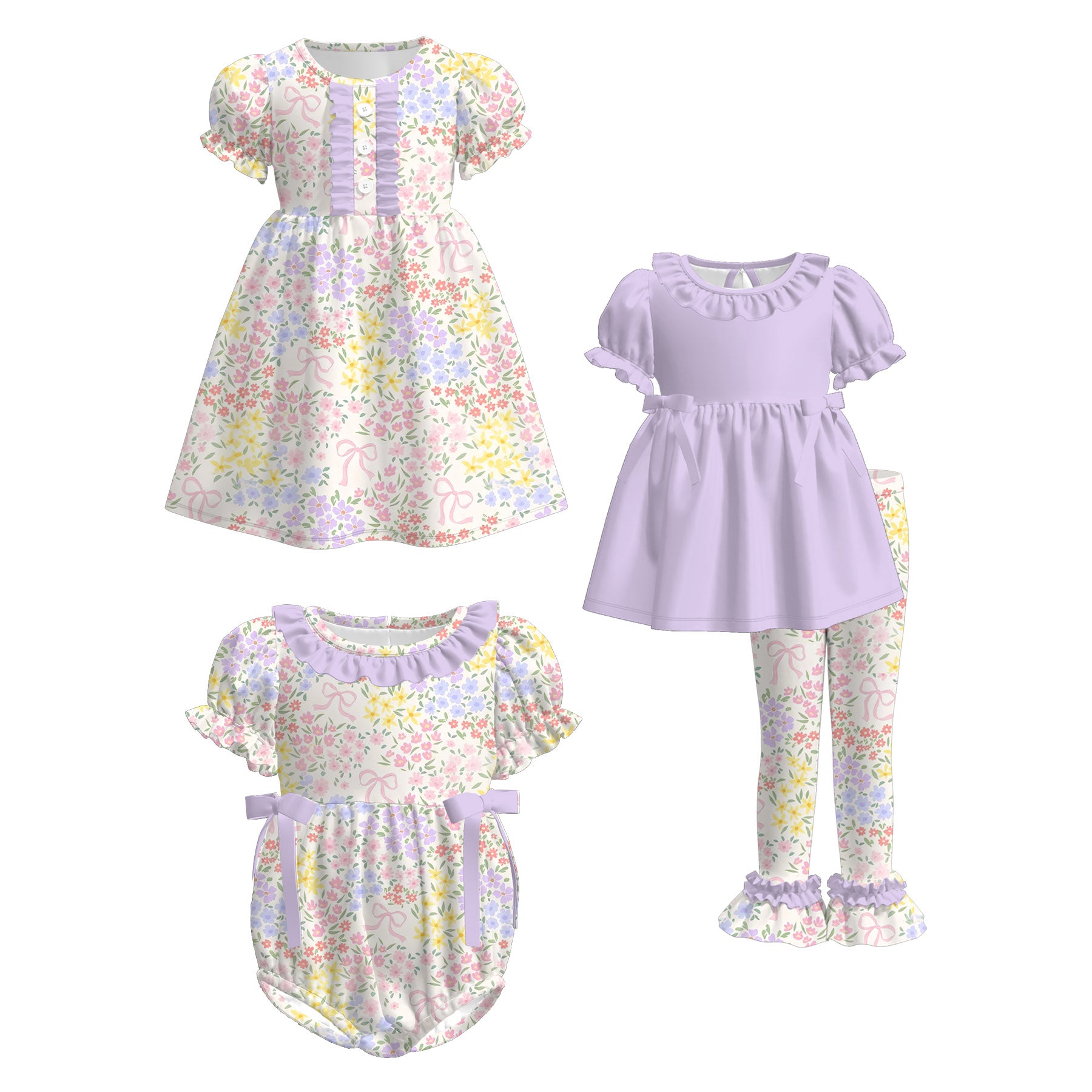 (Pre Order)Sisters Spring Floral&Bow Print Dress,Set&Romper