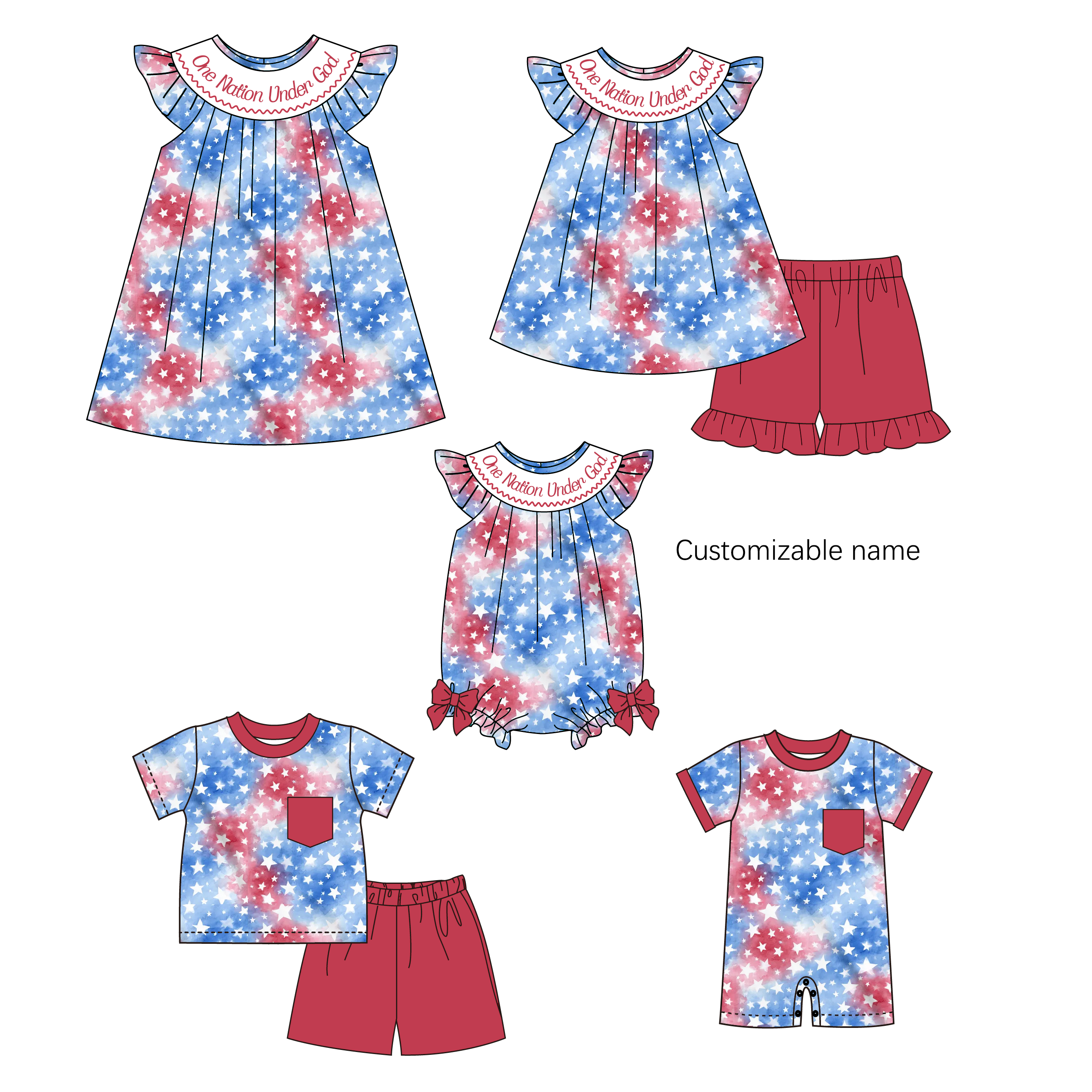 (Pre Order)Siblings Patriotic Embroidery Smocked Dress,Set&Romper-Customized name
