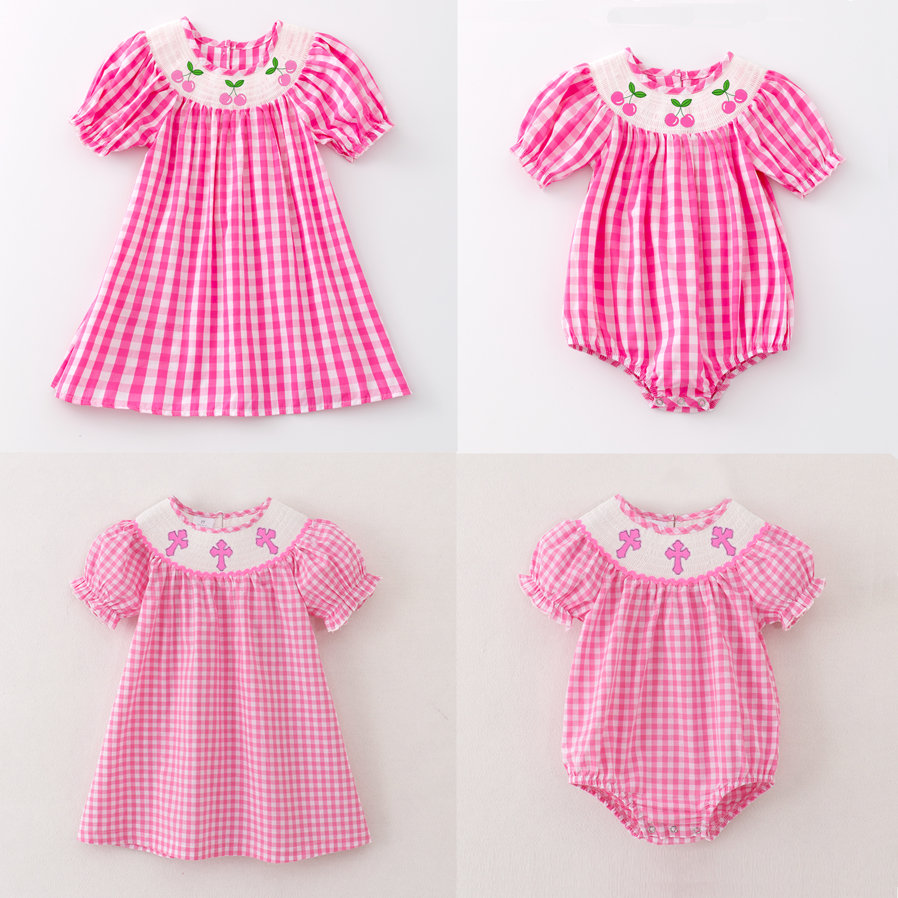(Pre Order)Sisters Spring and Summer Cross&Cherry Embroidery Smocked Dress and Romper